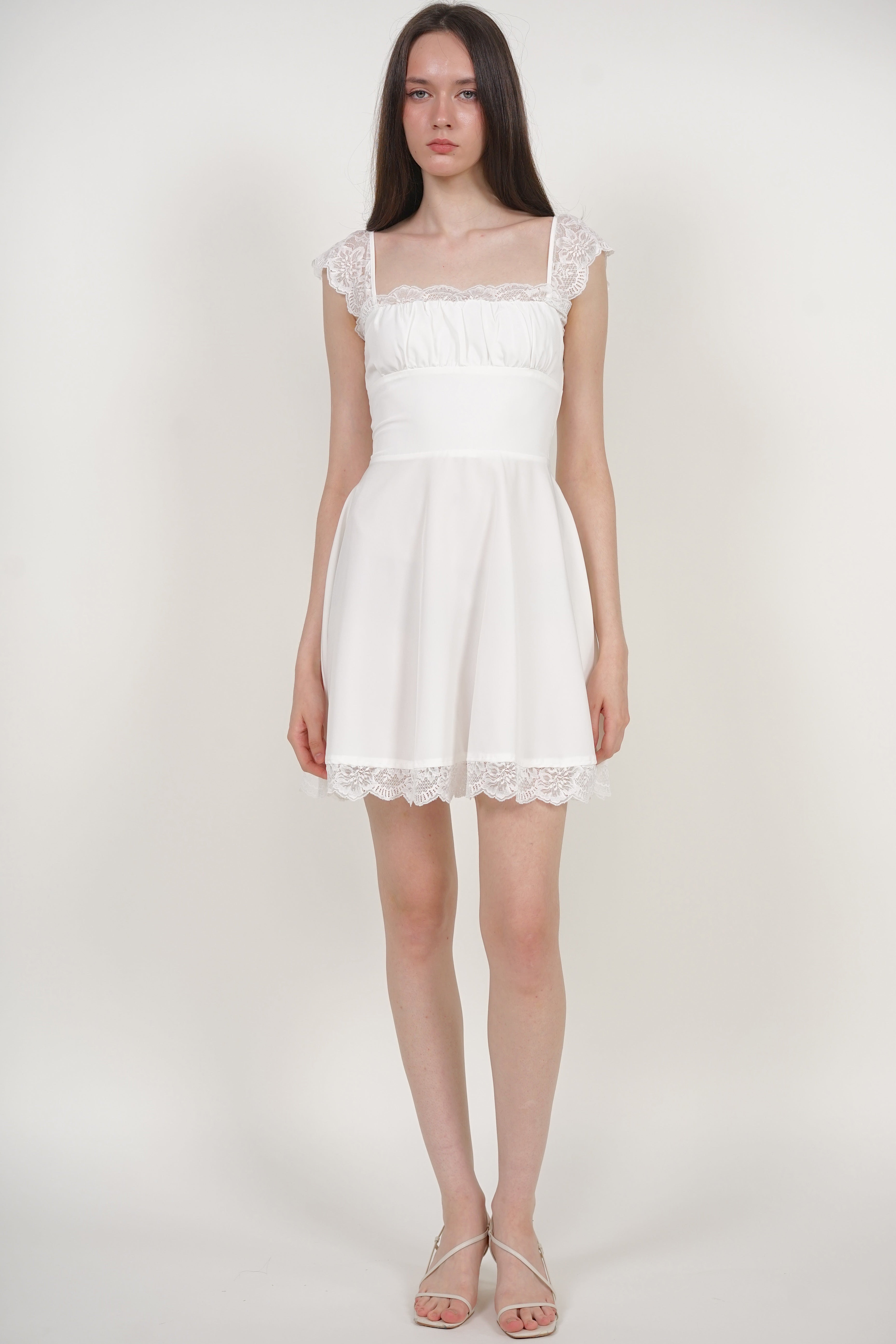Ruched Flare Lace Mini Dress in White