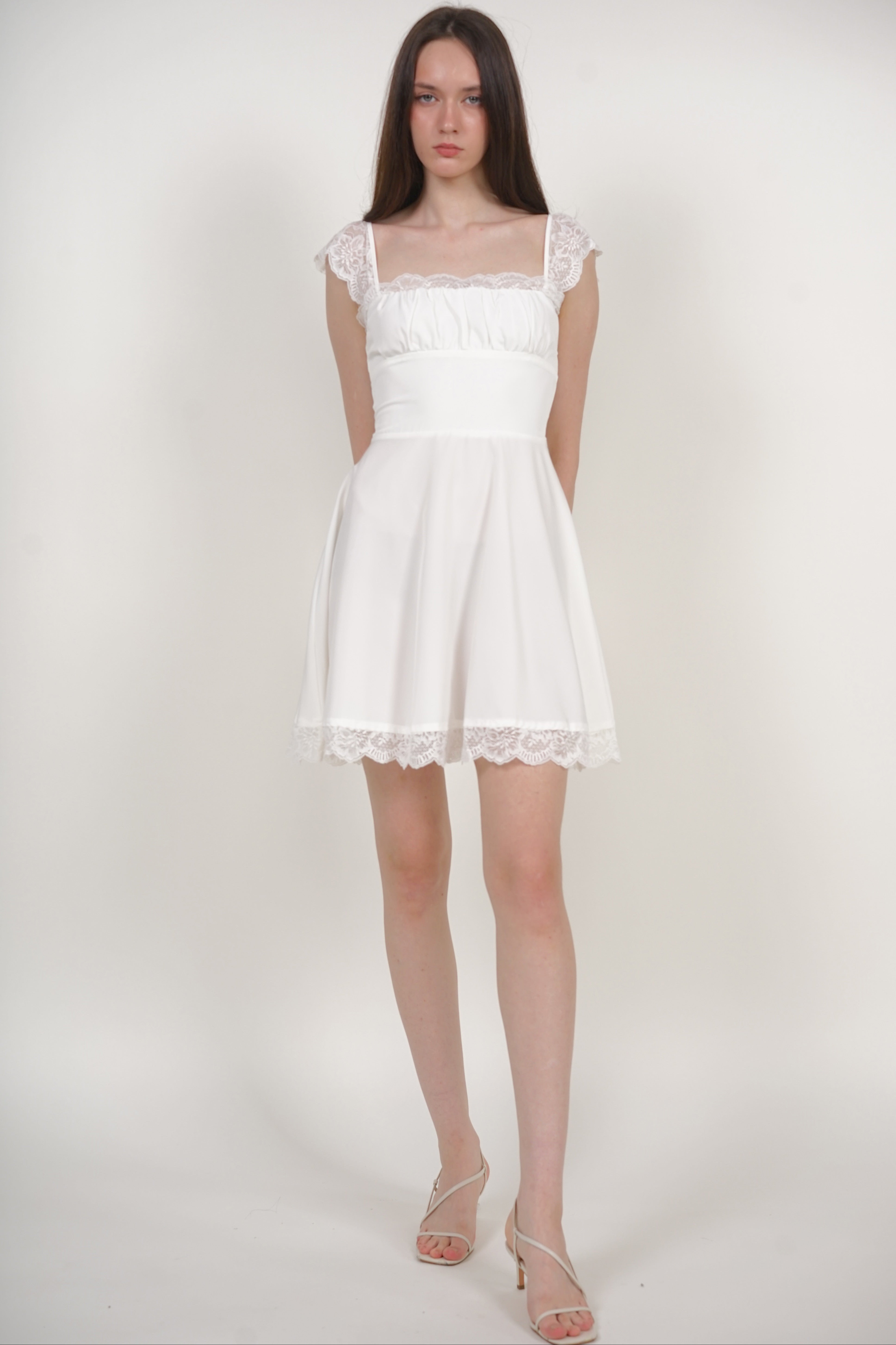 Ruched Flare Lace Mini Dress in White