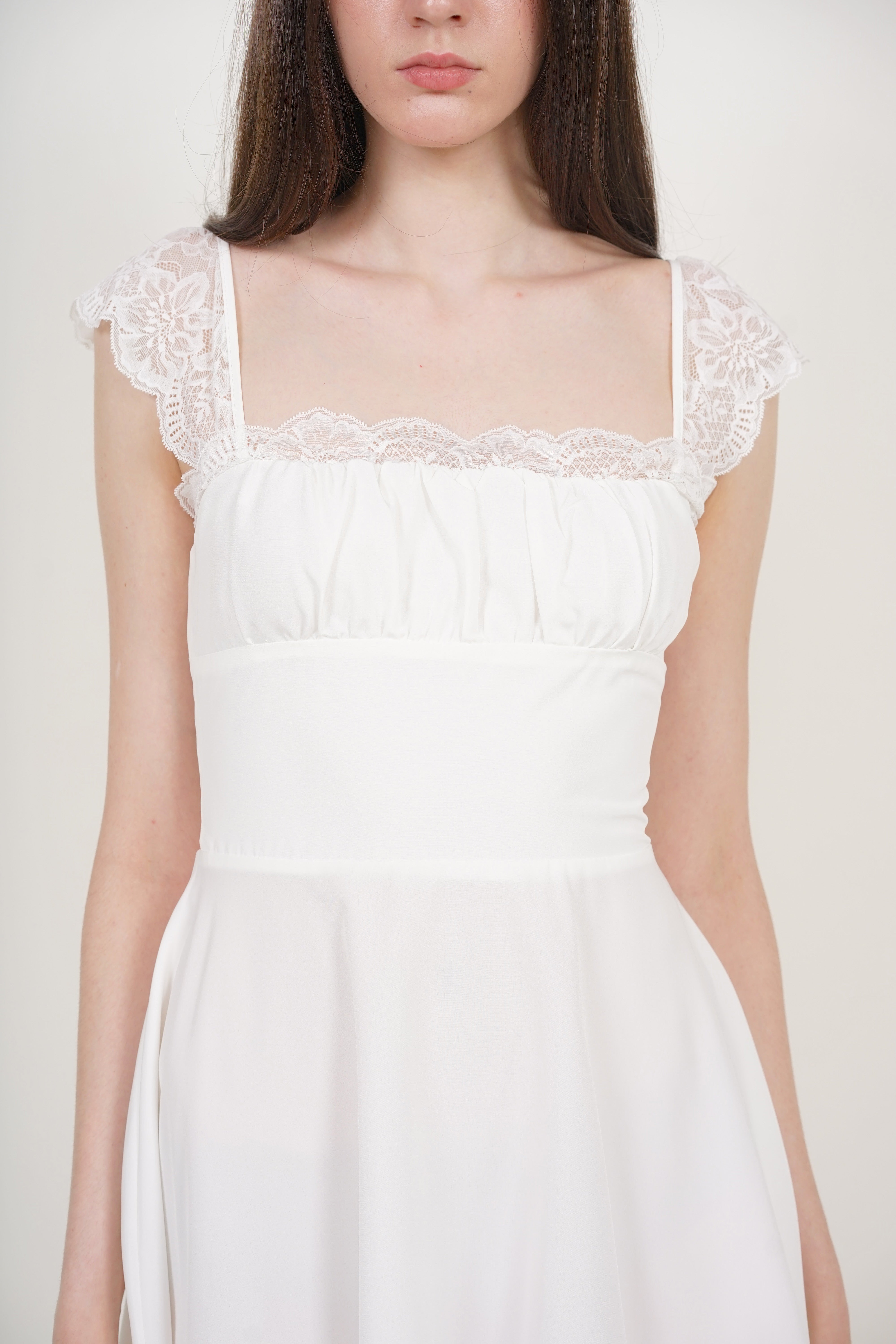 Ruched Flare Lace Mini Dress in White