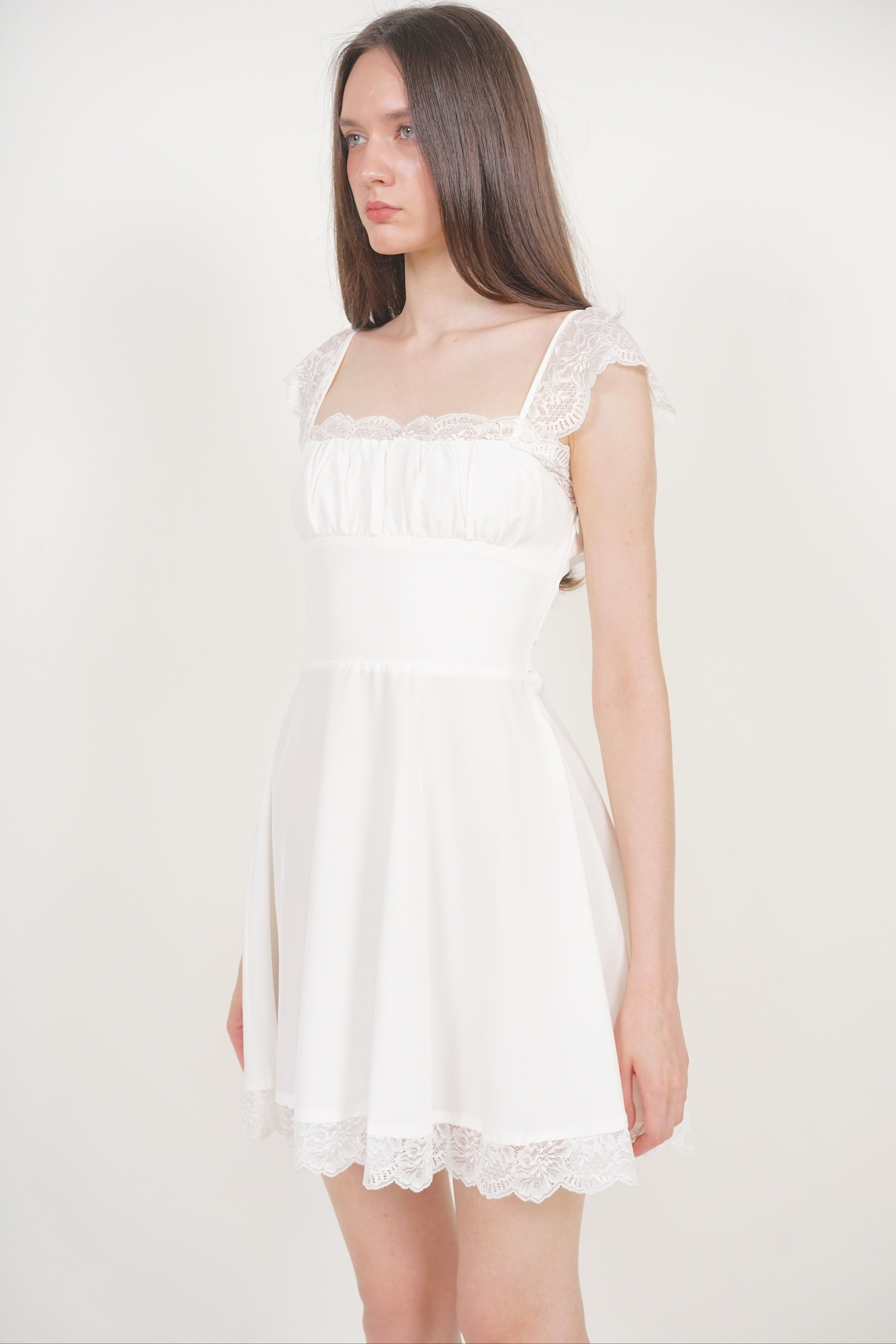 Ruched Flare Lace Mini Dress in White