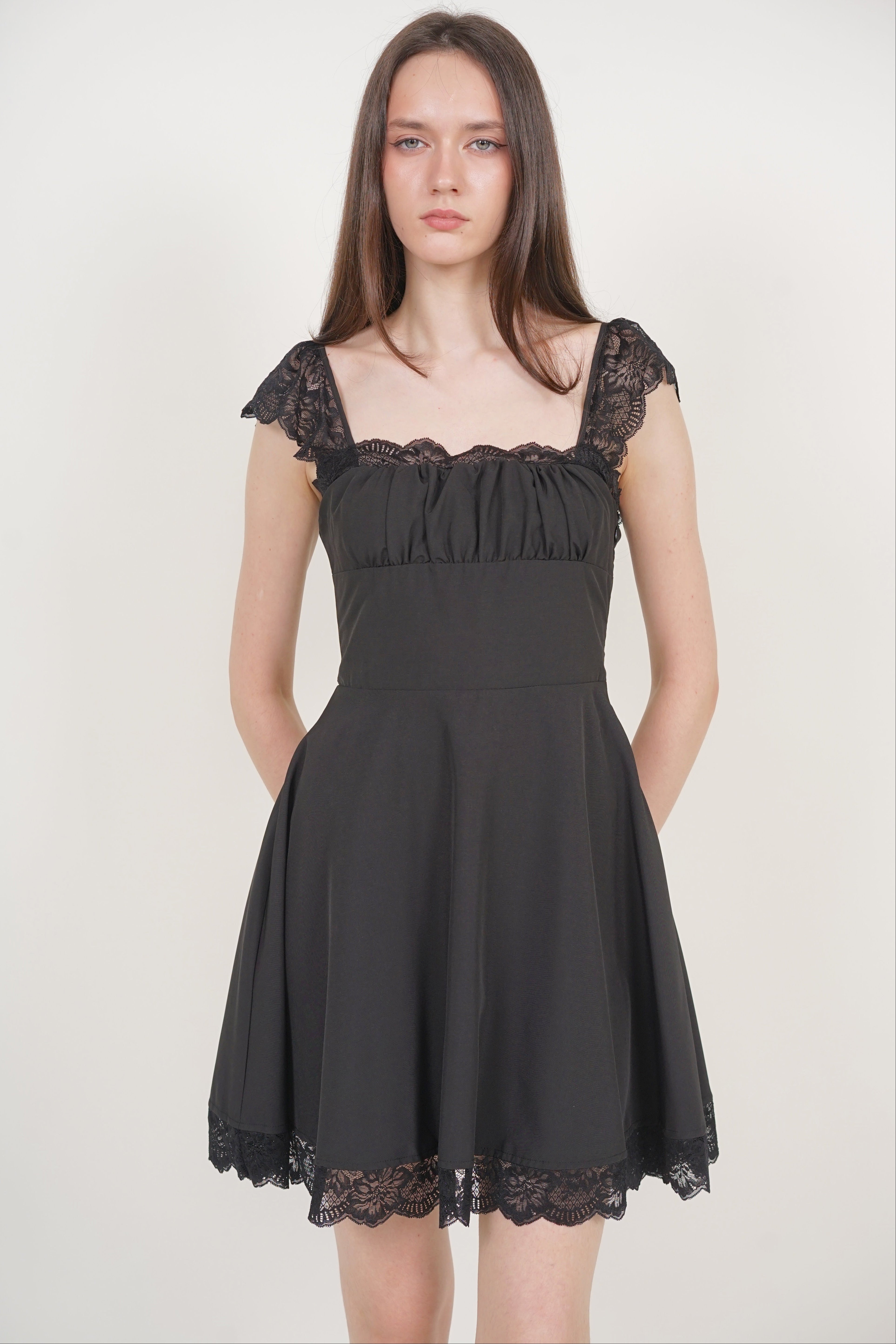 Ruched Flare Lace Mini Dress in Black