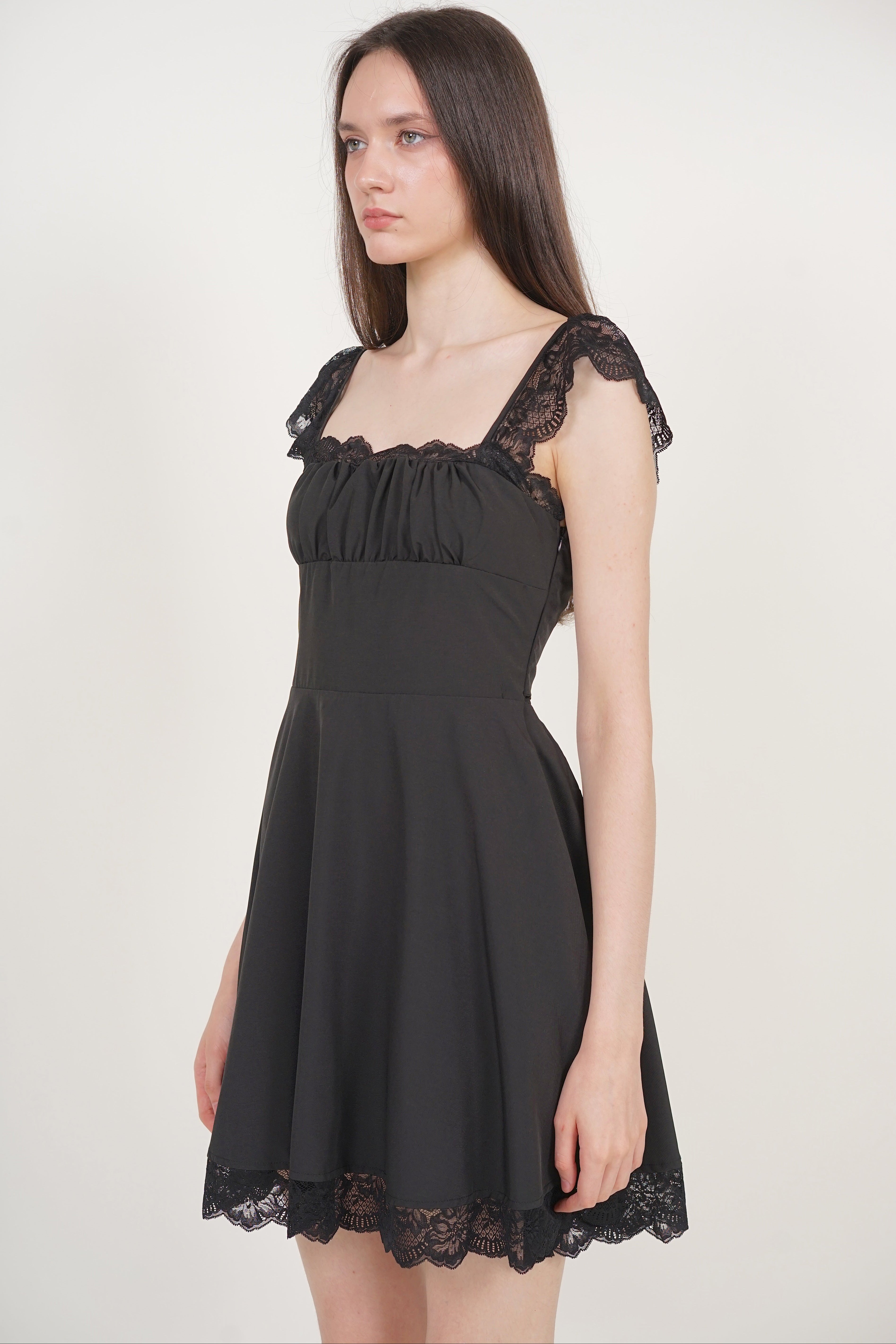 Ruched Flare Lace Mini Dress in Black