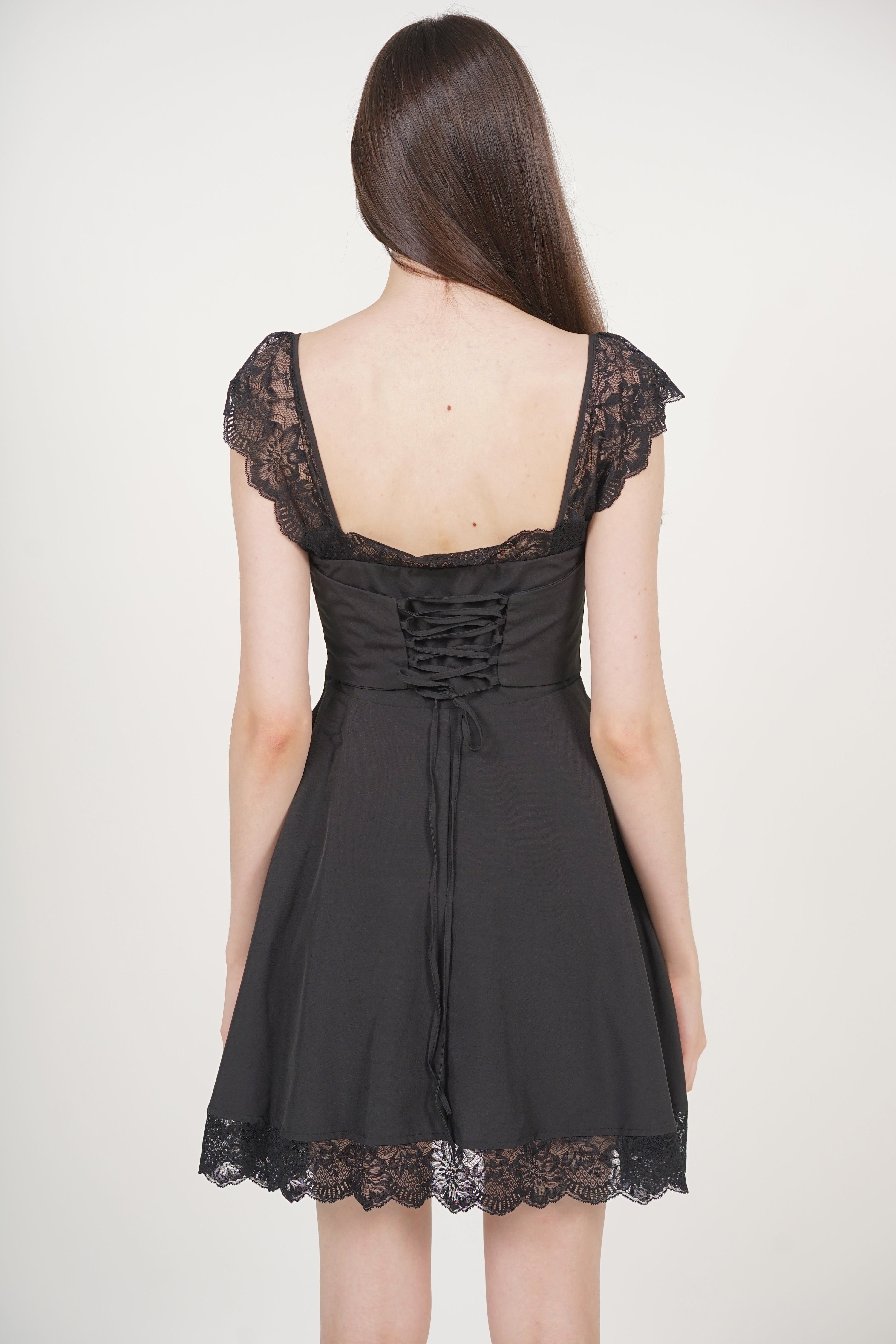 Ruched Flare Lace Mini Dress in Black