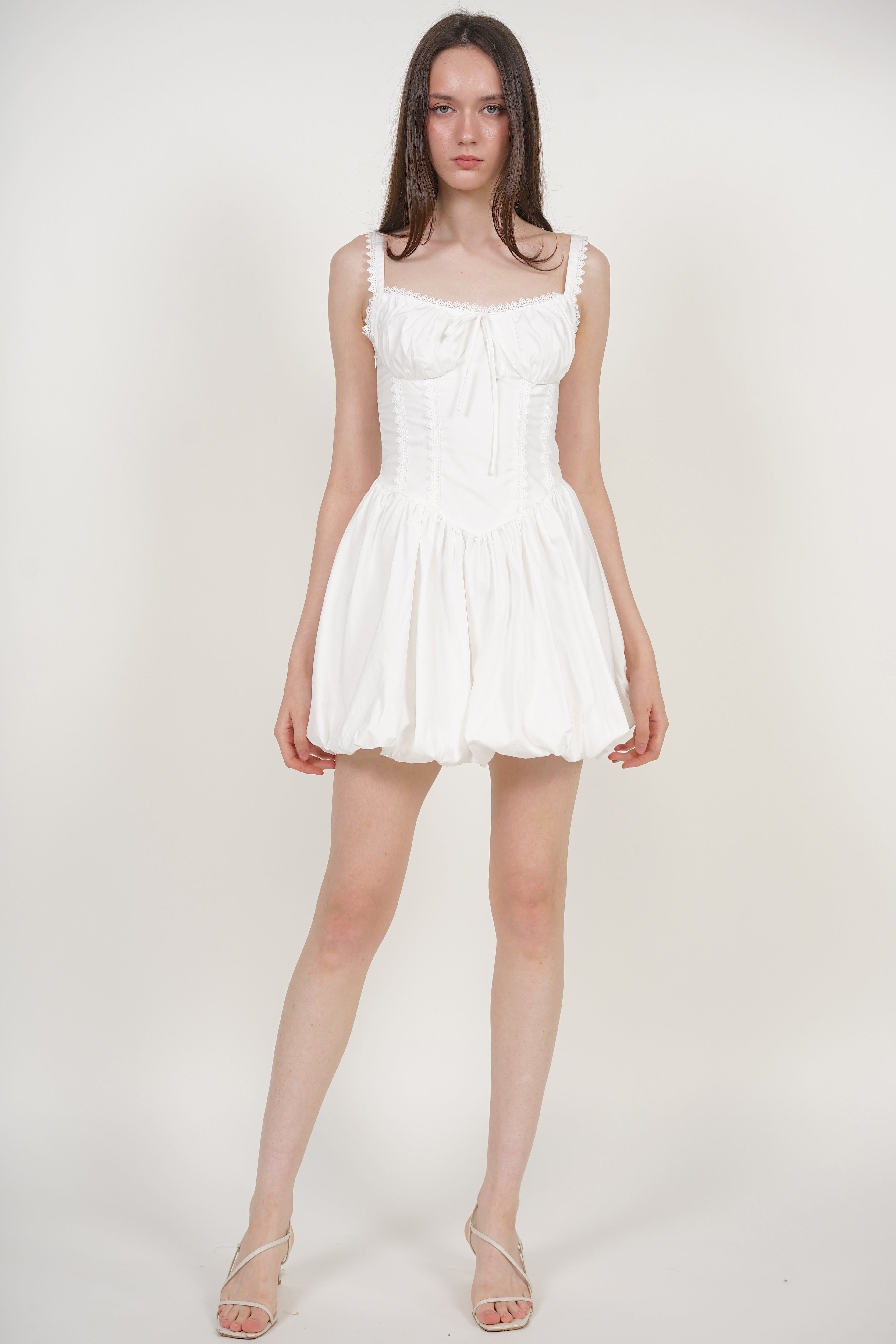 Lace-Up Gathered Hem Dress in White