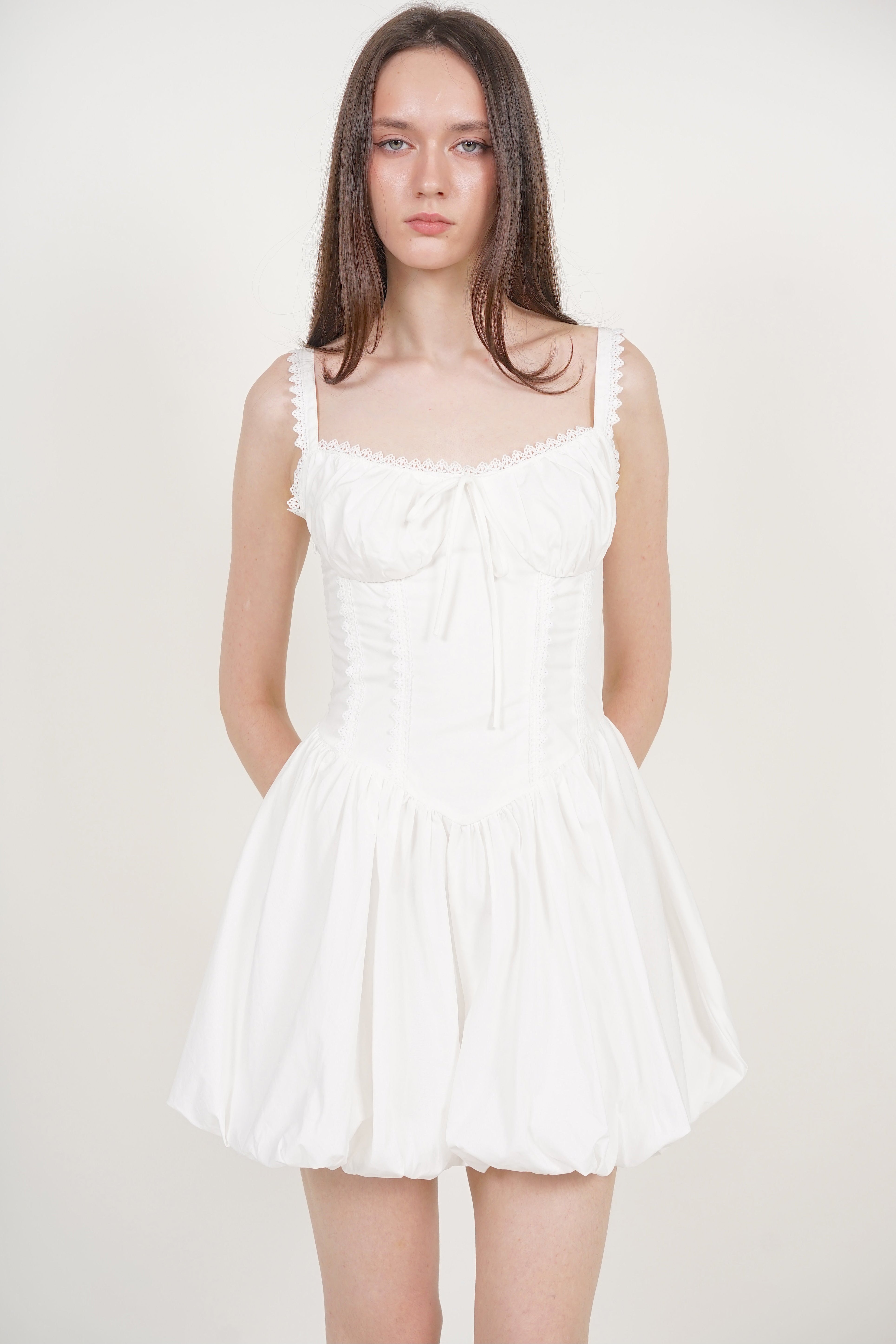 Lace-Up Gathered Hem Dress in White