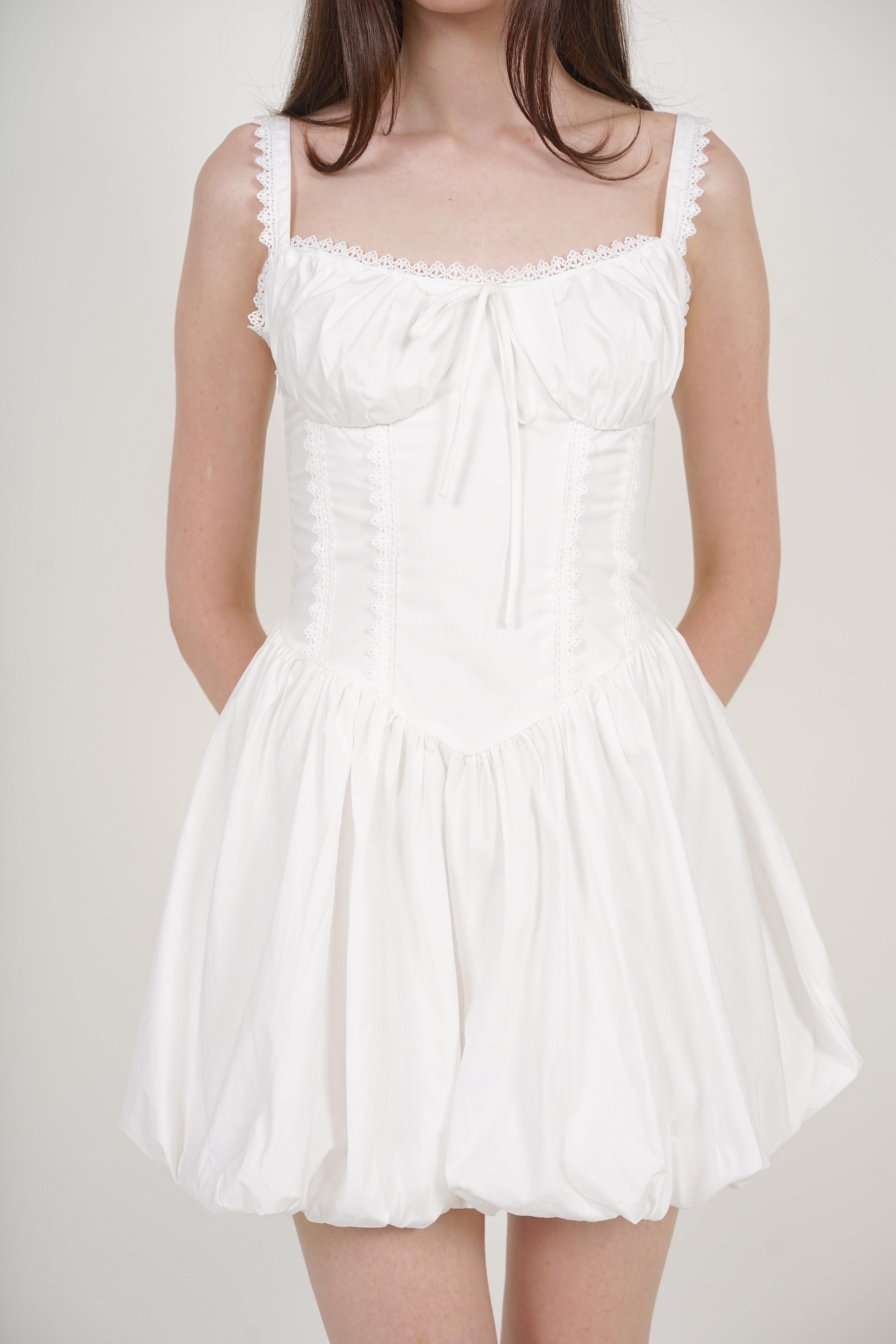 Lace-Up Gathered Hem Dress in White