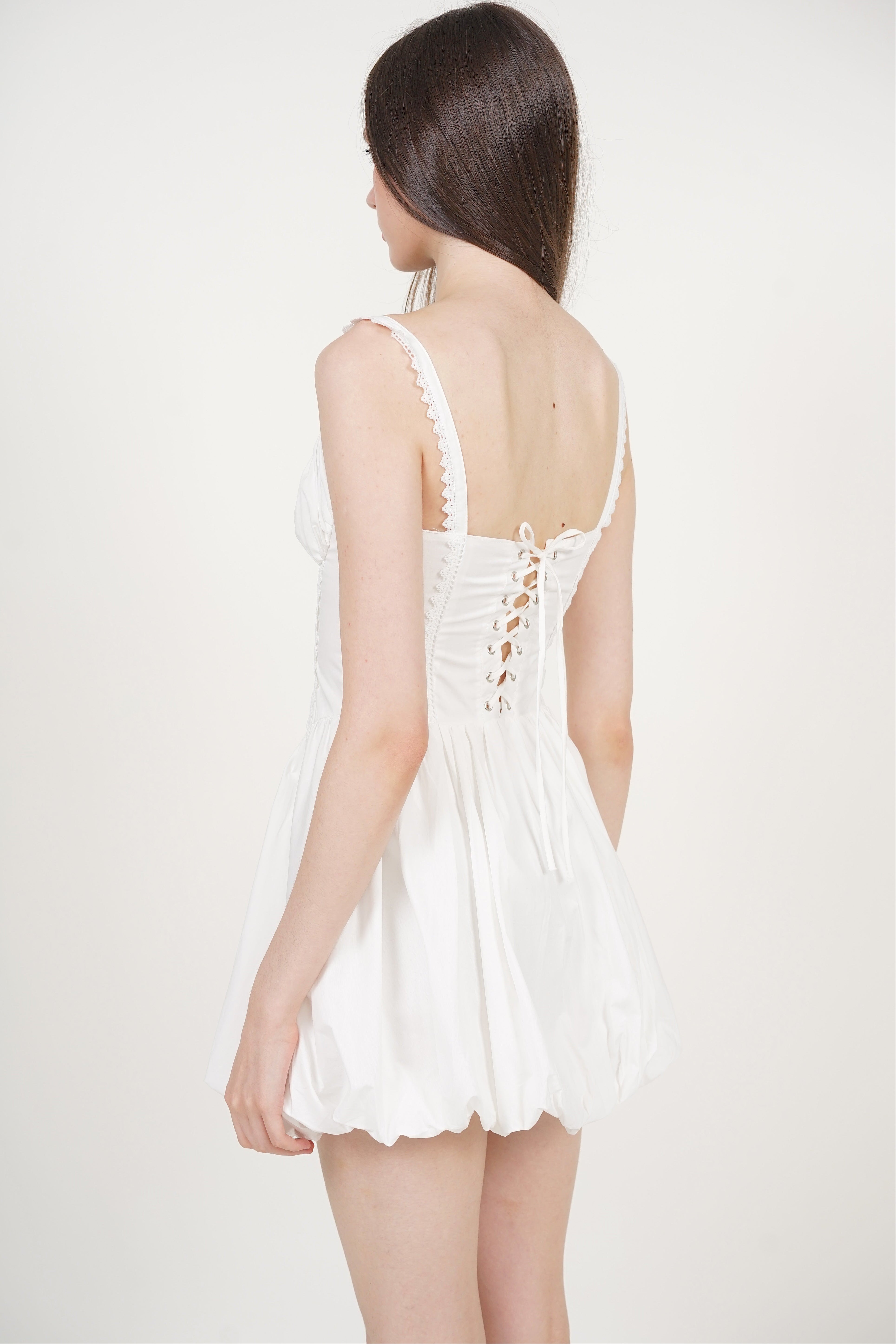 Lace-Up Gathered Hem Dress in White