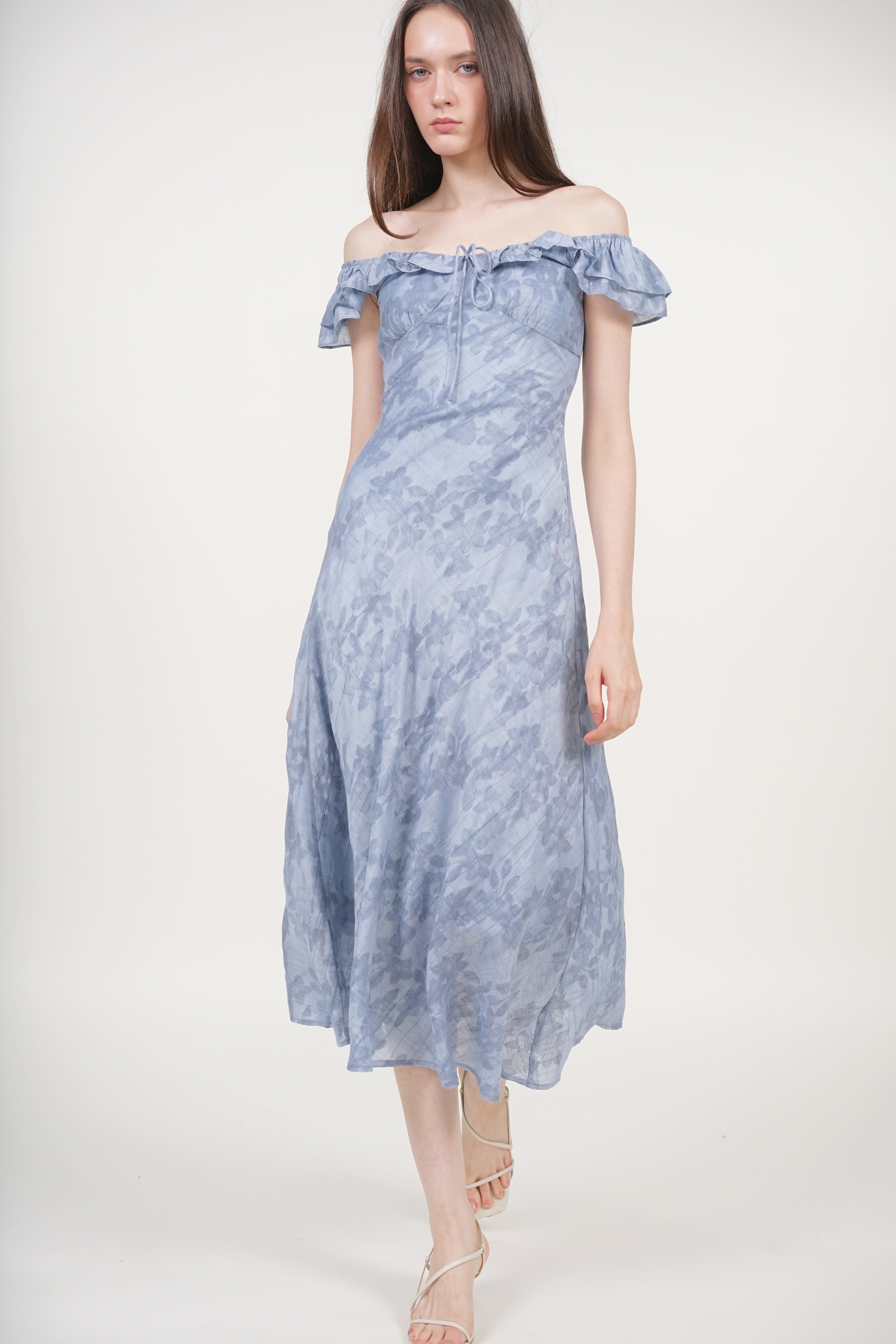 Ruffled Cap Sleeves Dress in Blue Floral Jacquard