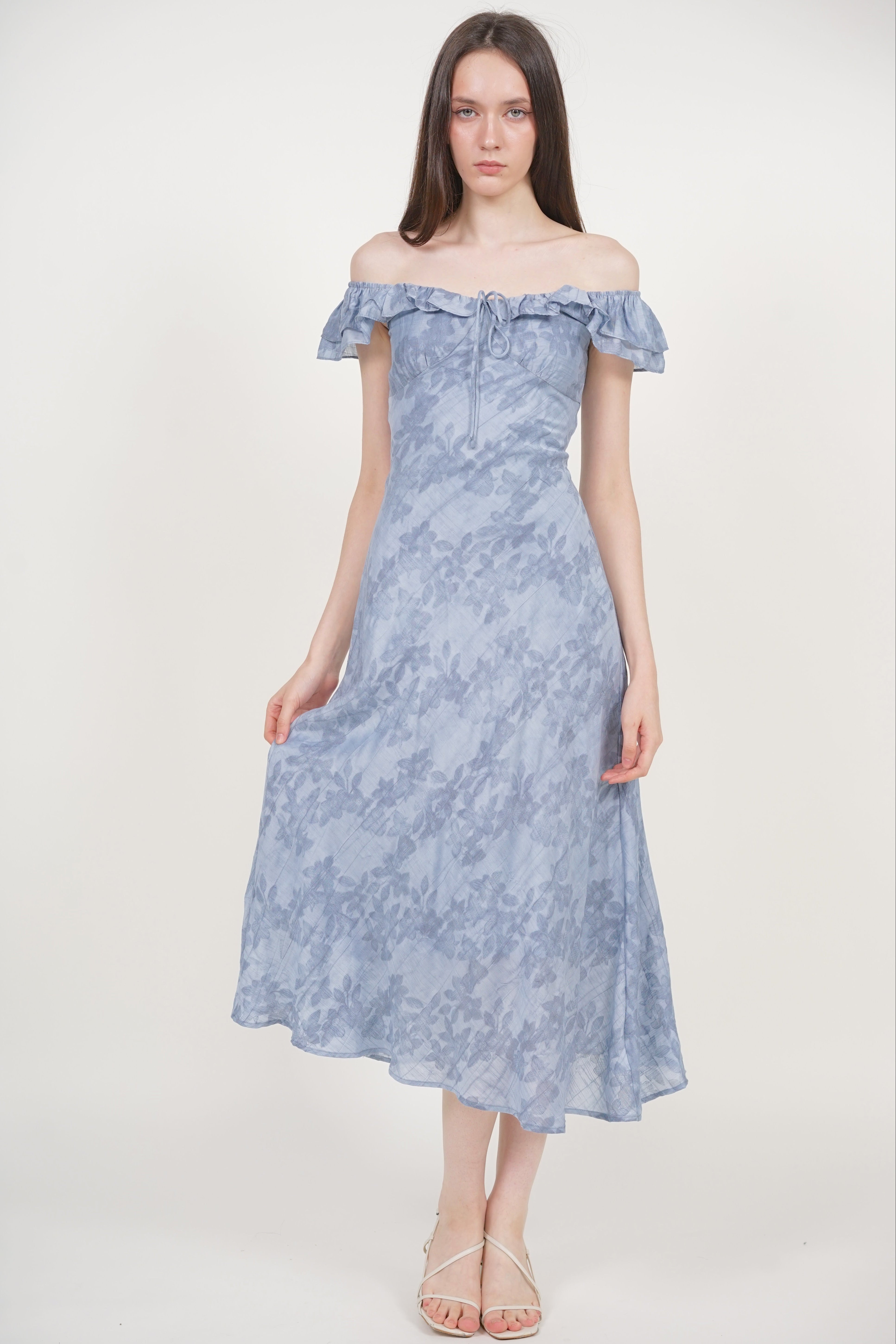 Ruffled Cap Sleeves Dress in Blue Floral Jacquard