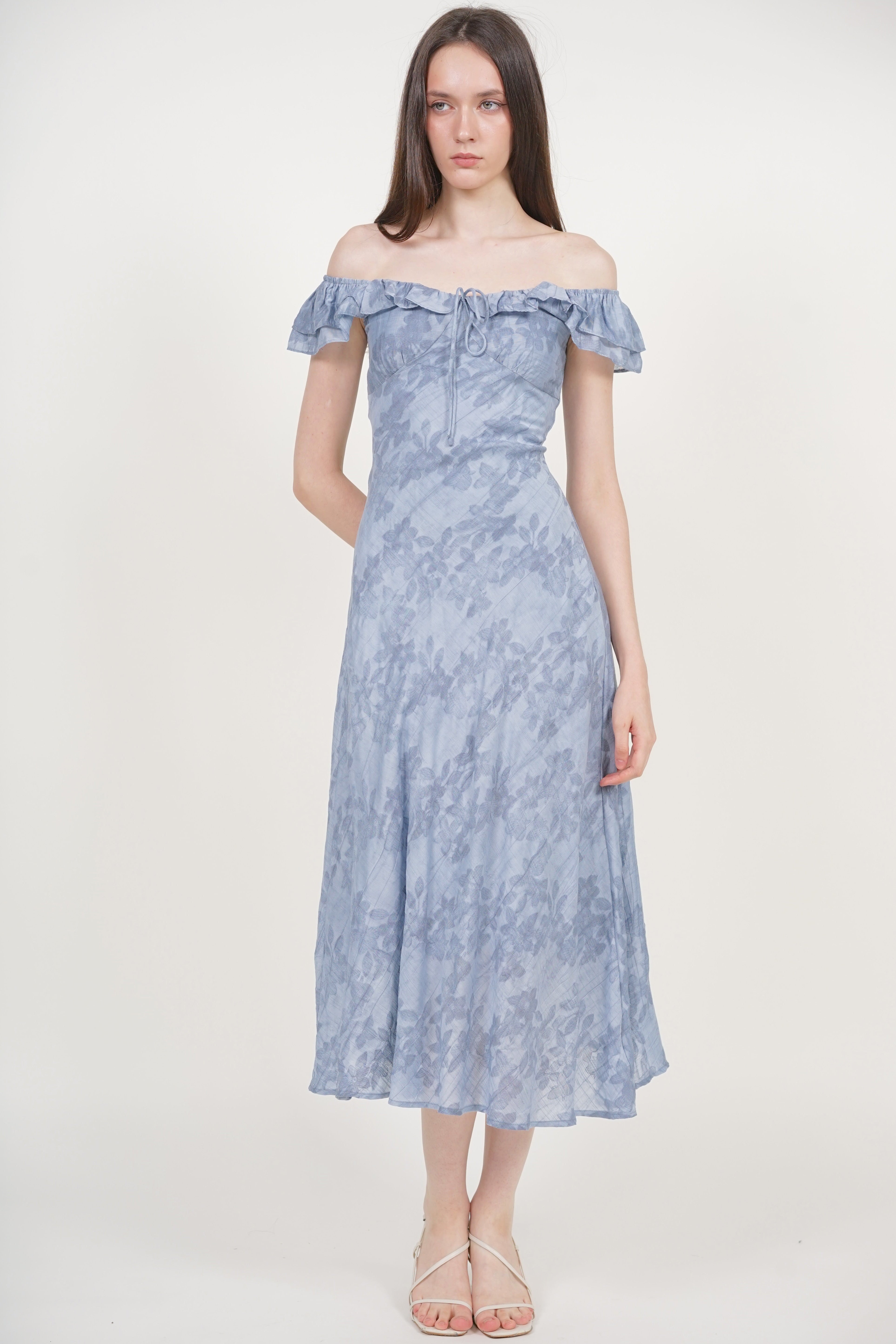 Ruffled Cap Sleeves Dress in Blue Floral Jacquard