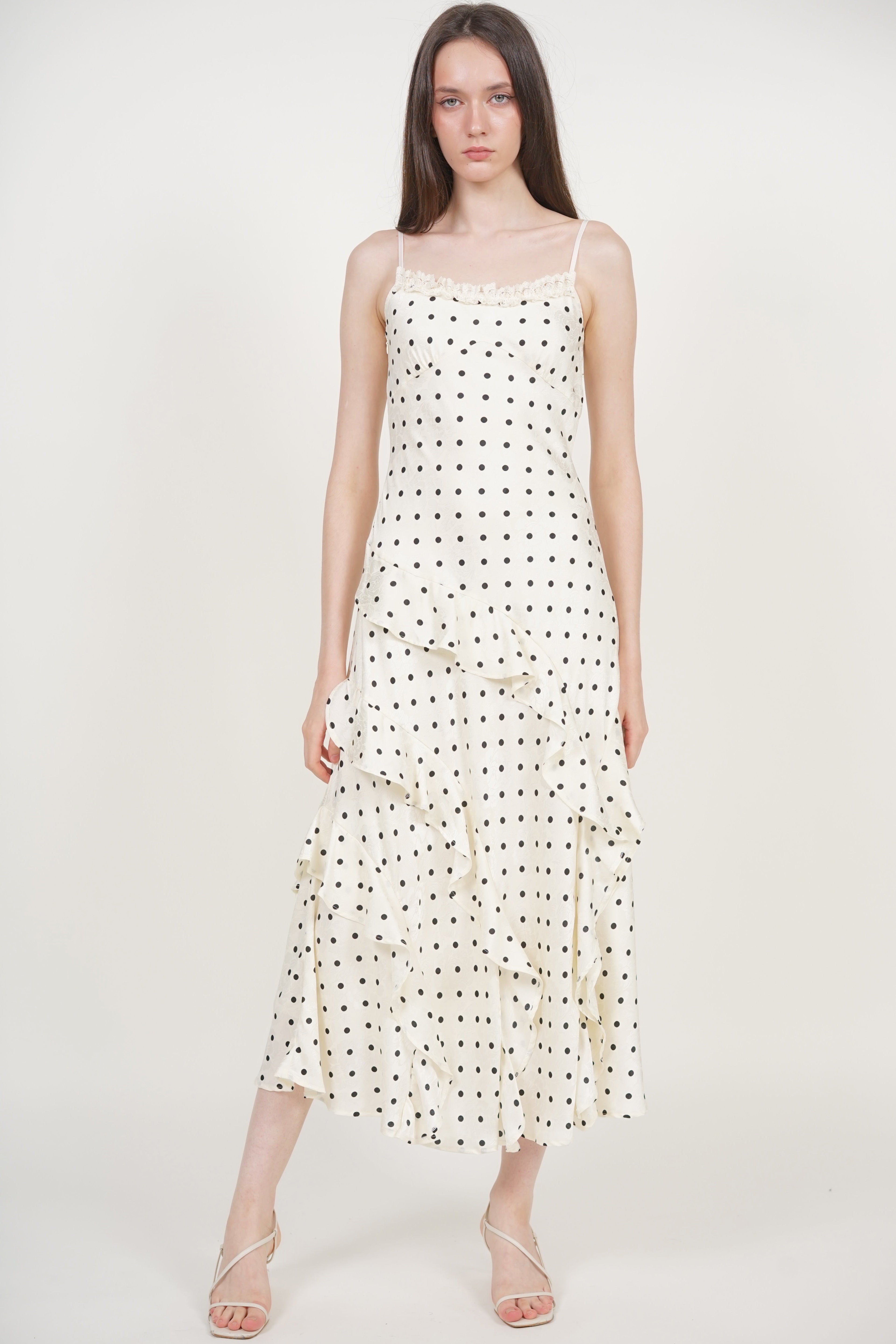 Cami Ruffled Maxi Dress in White Polka Dots