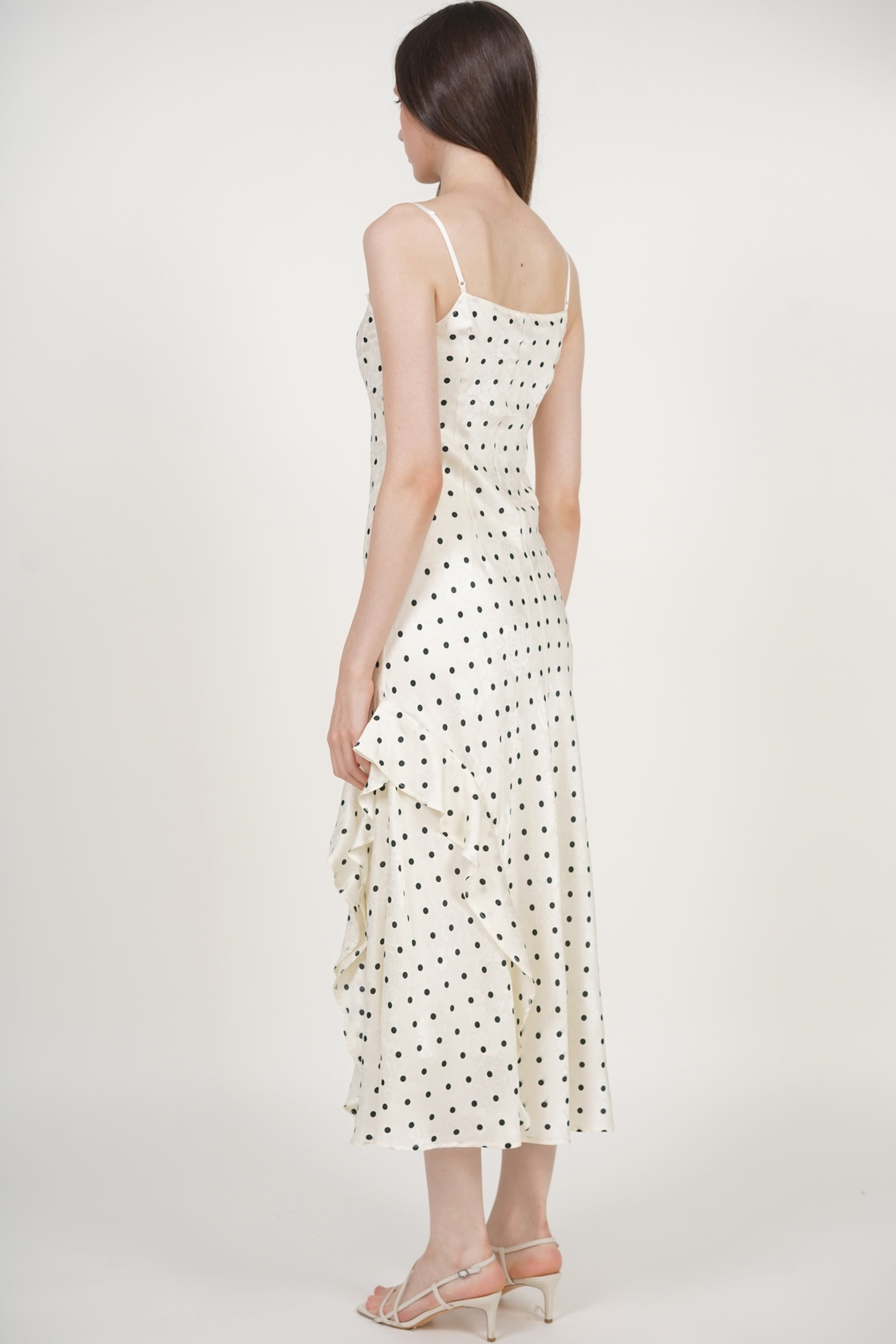 Cami Ruffled Maxi Dress in White Polka Dots