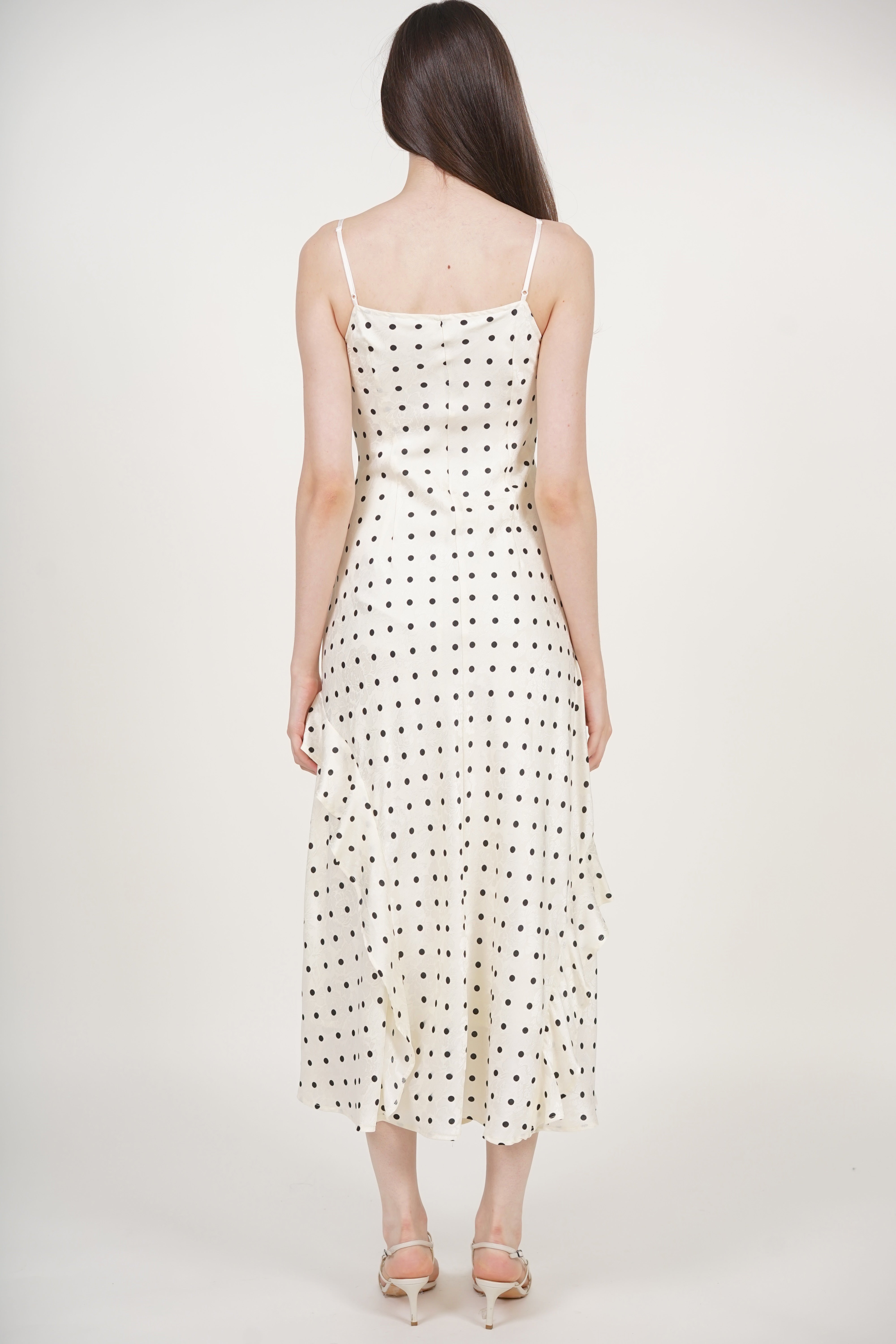 Cami Ruffled Maxi Dress in White Polka Dots
