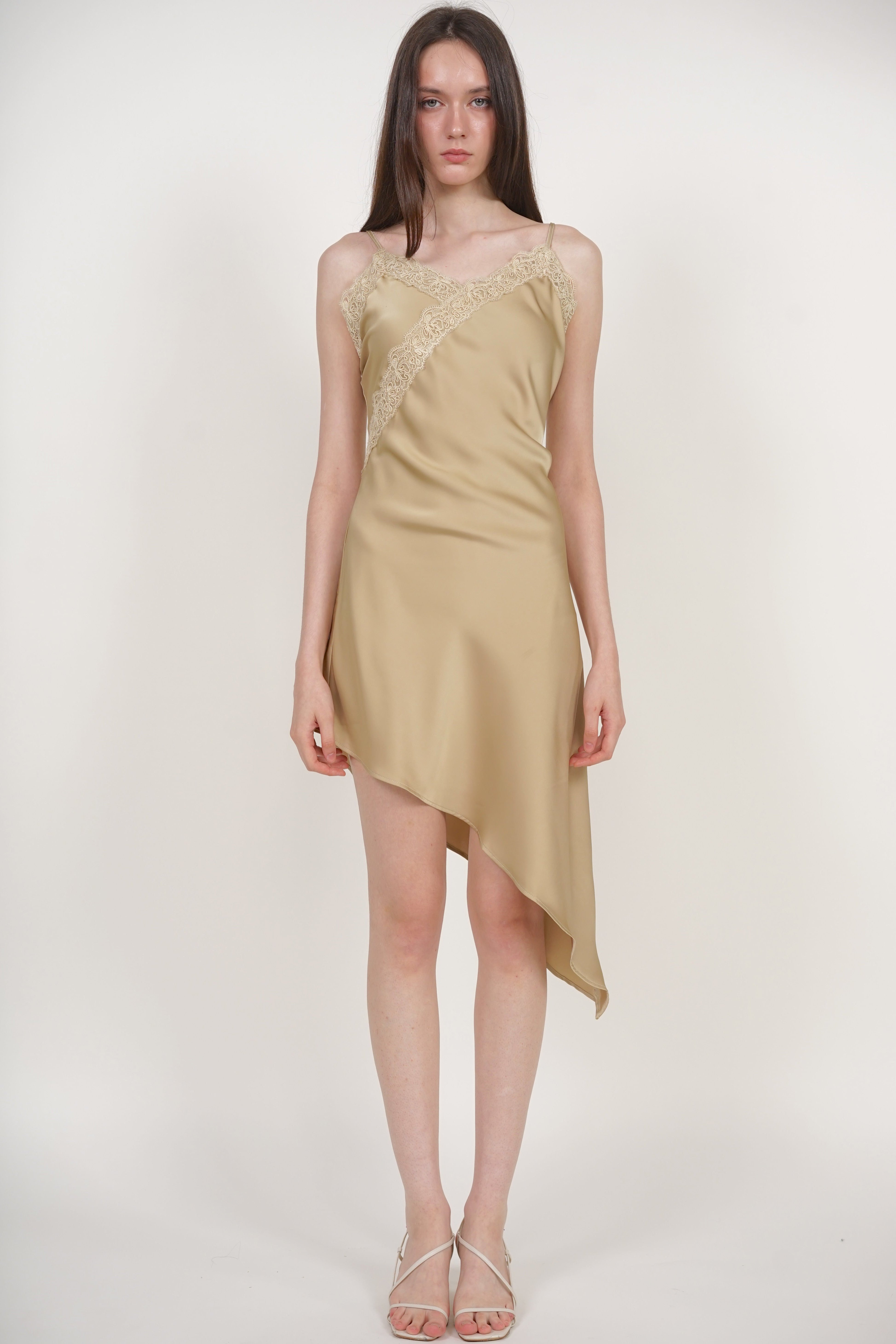 Asymmetrical Cami Lace Dress in Champagne Beige