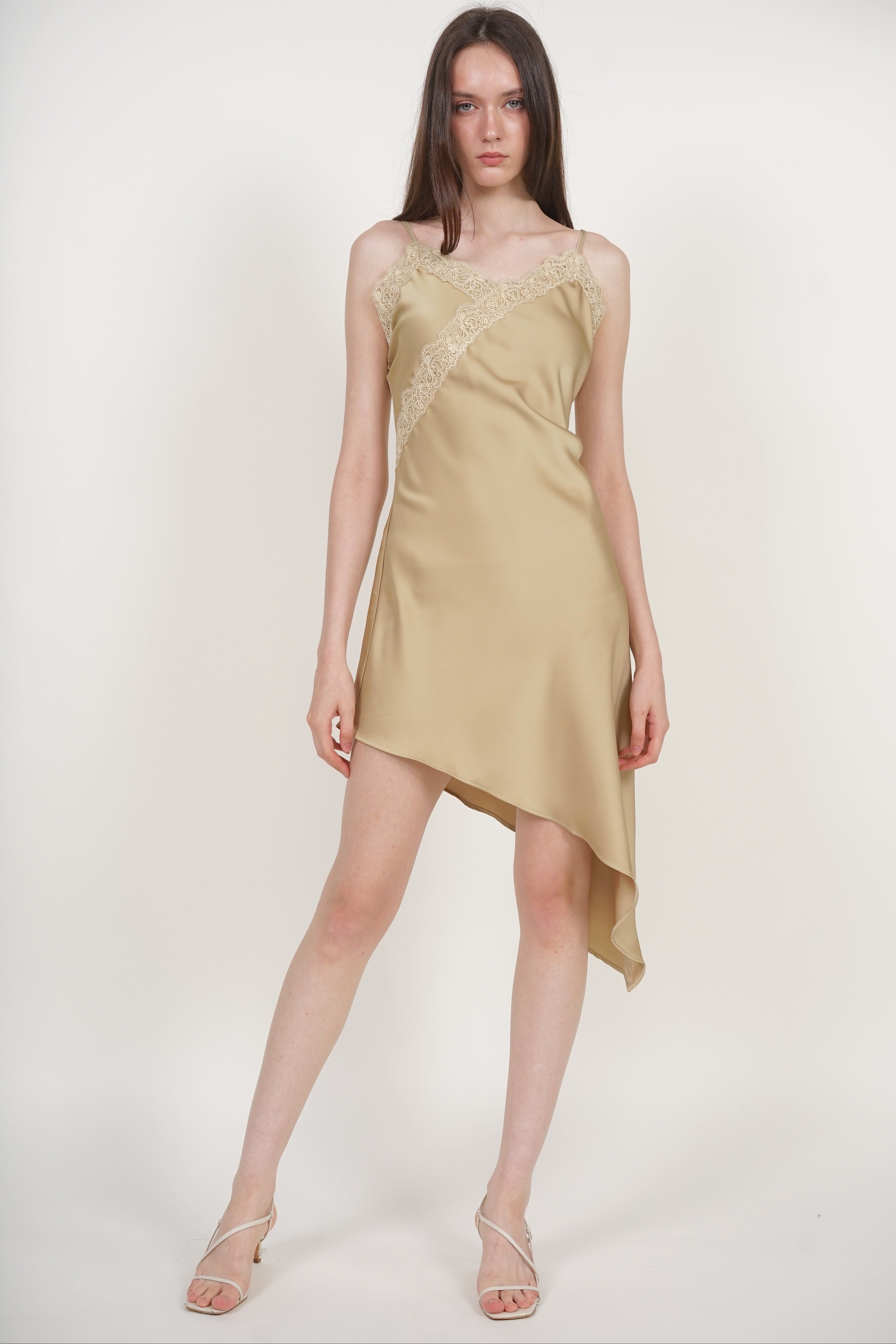 Asymmetrical Cami Lace Dress in Champagne Beige