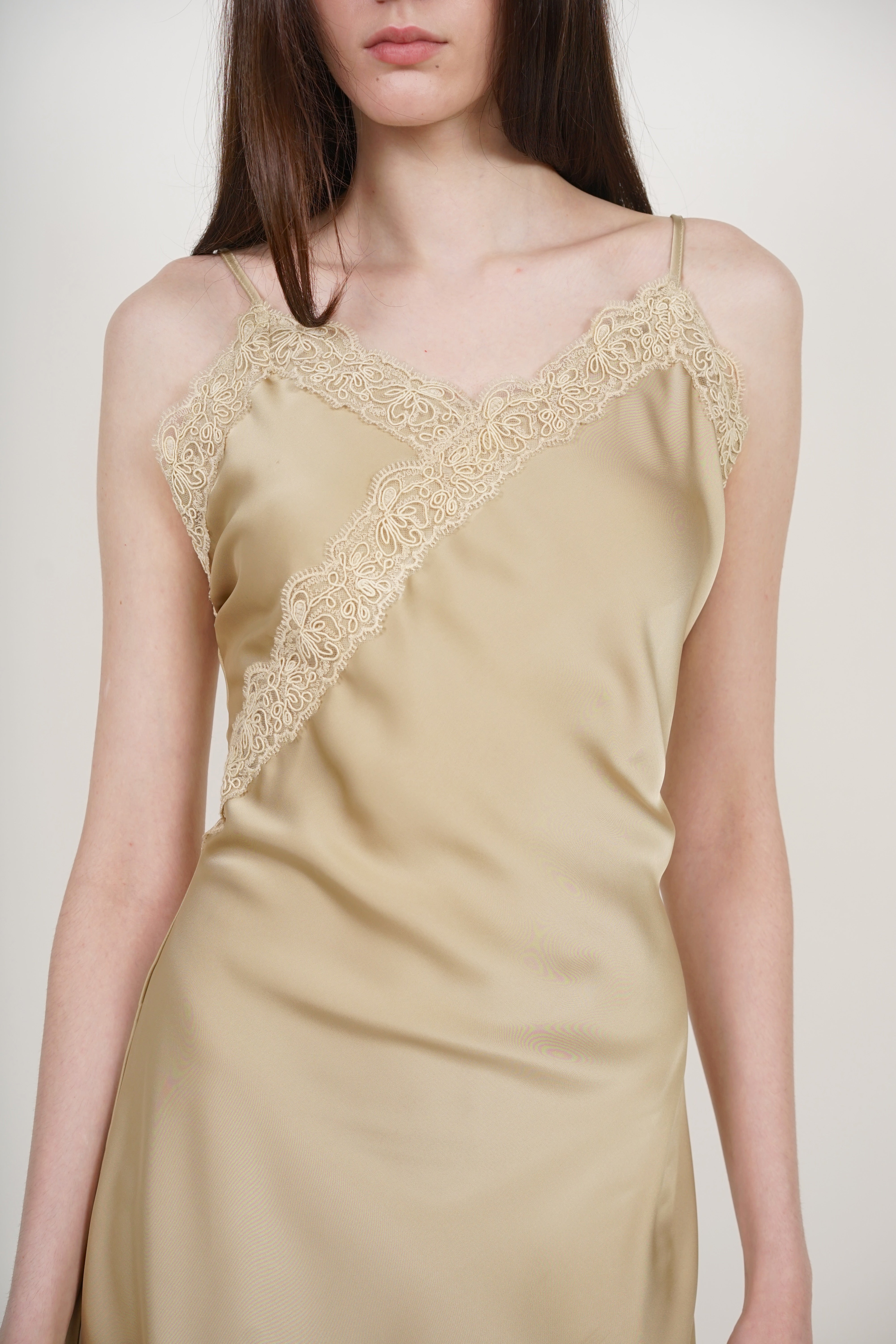 Asymmetrical Cami Lace Dress in Champagne Beige