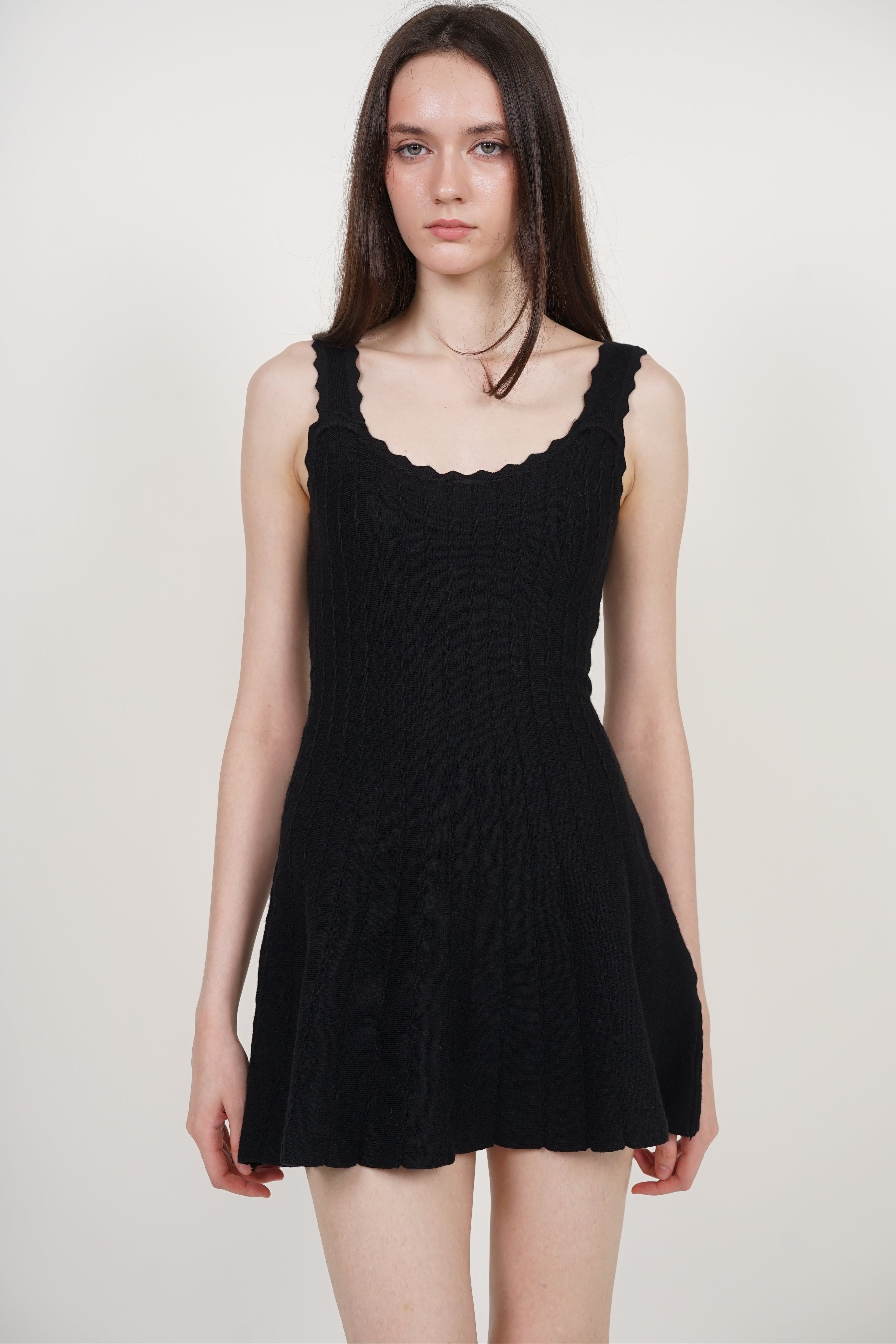 Knit Scallop Trim Flare Dress in Black