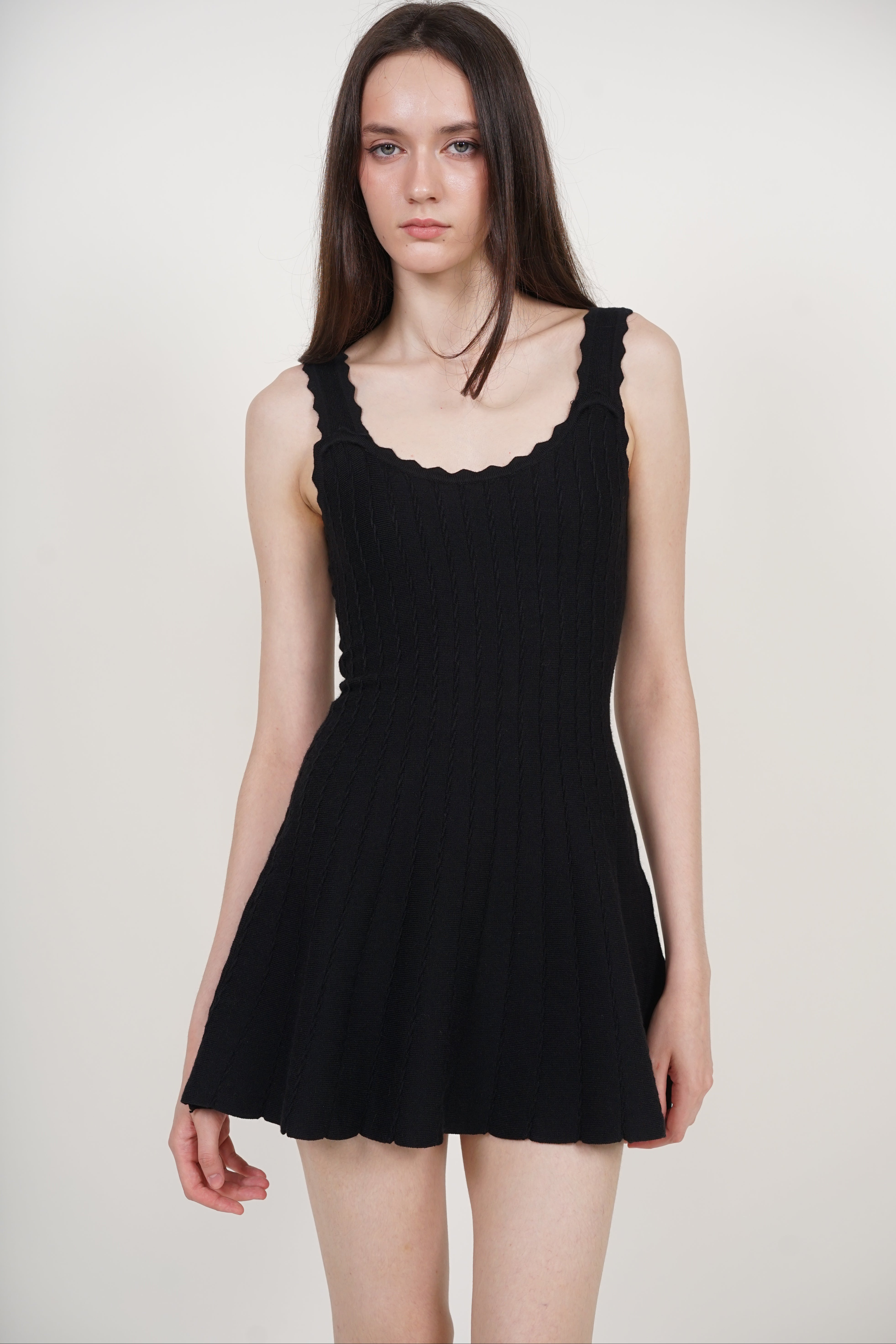 Knit Scallop Trim Flare Dress in Black