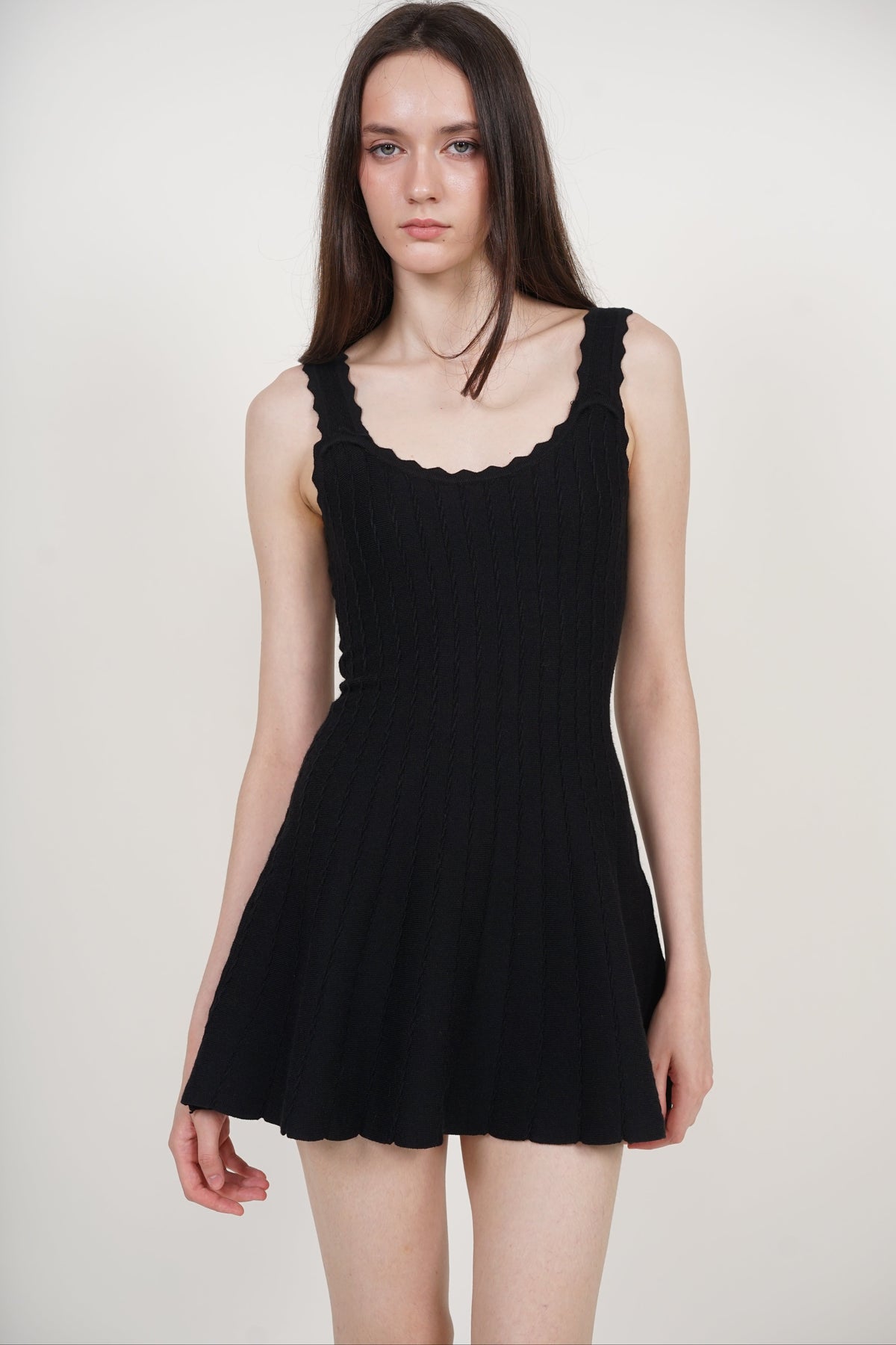 Knit Scallop Trim Flare Dress in Black