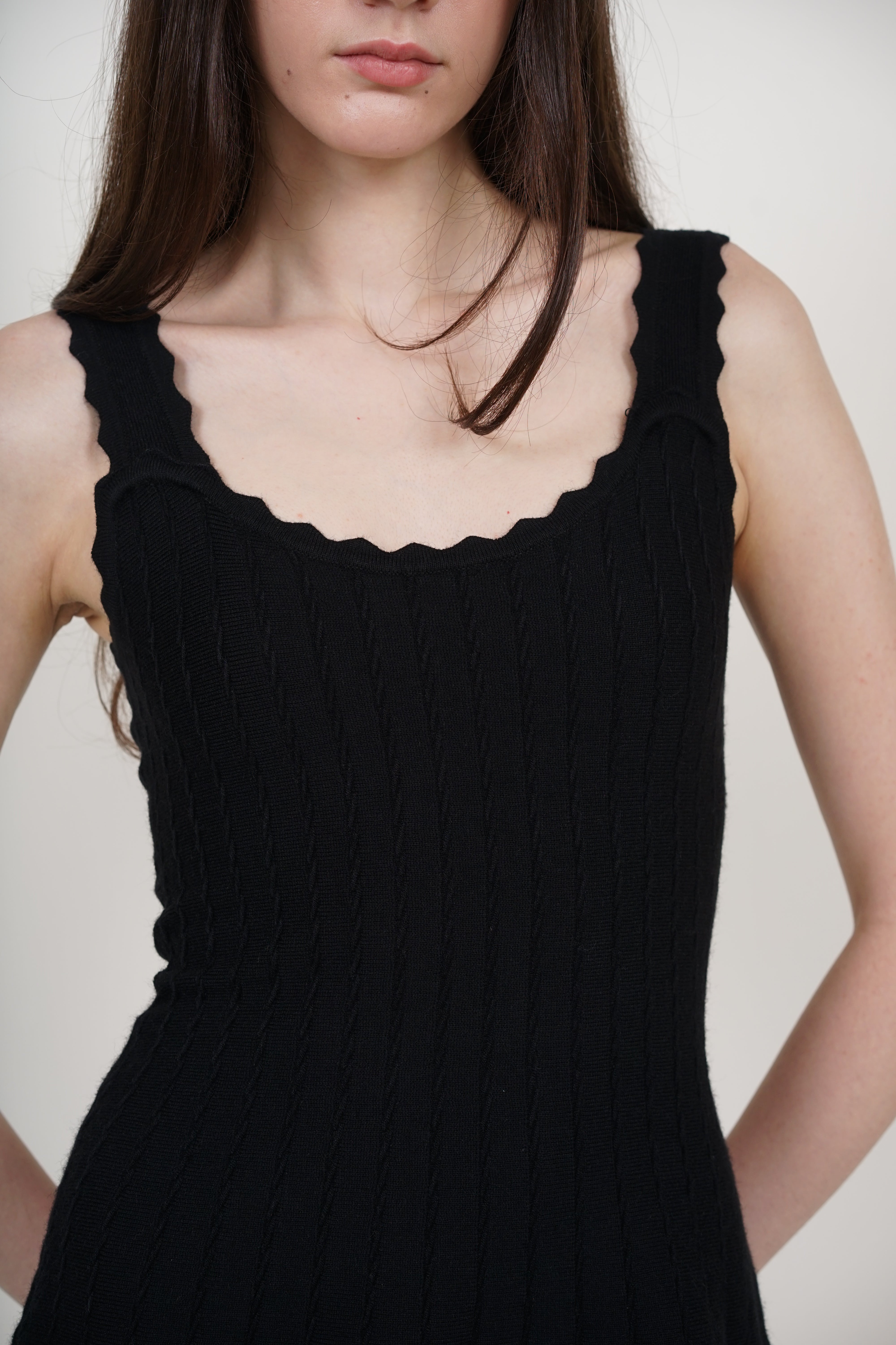 Knit Scallop Trim Flare Dress in Black