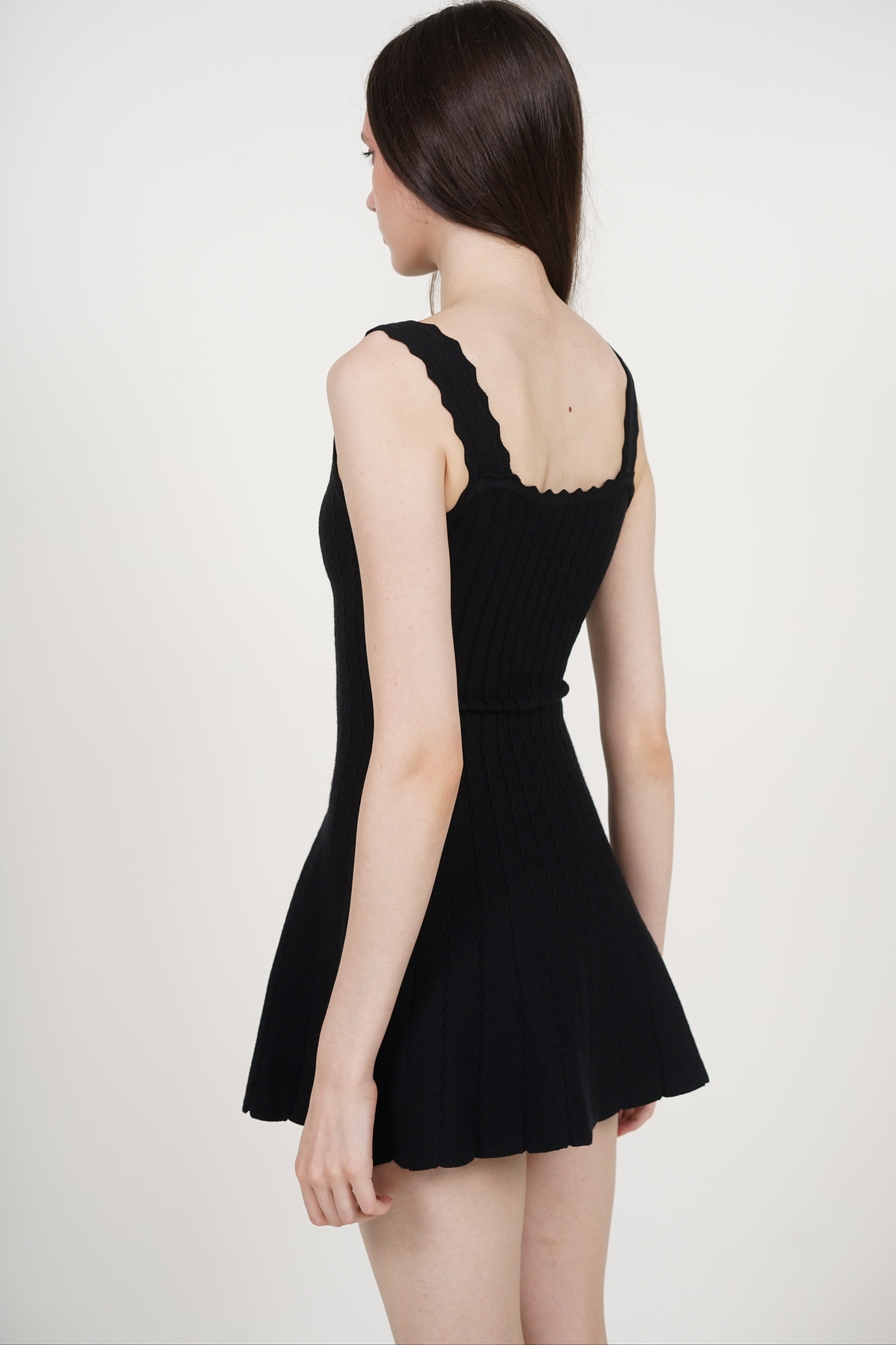 Knit Scallop Trim Flare Dress in Black