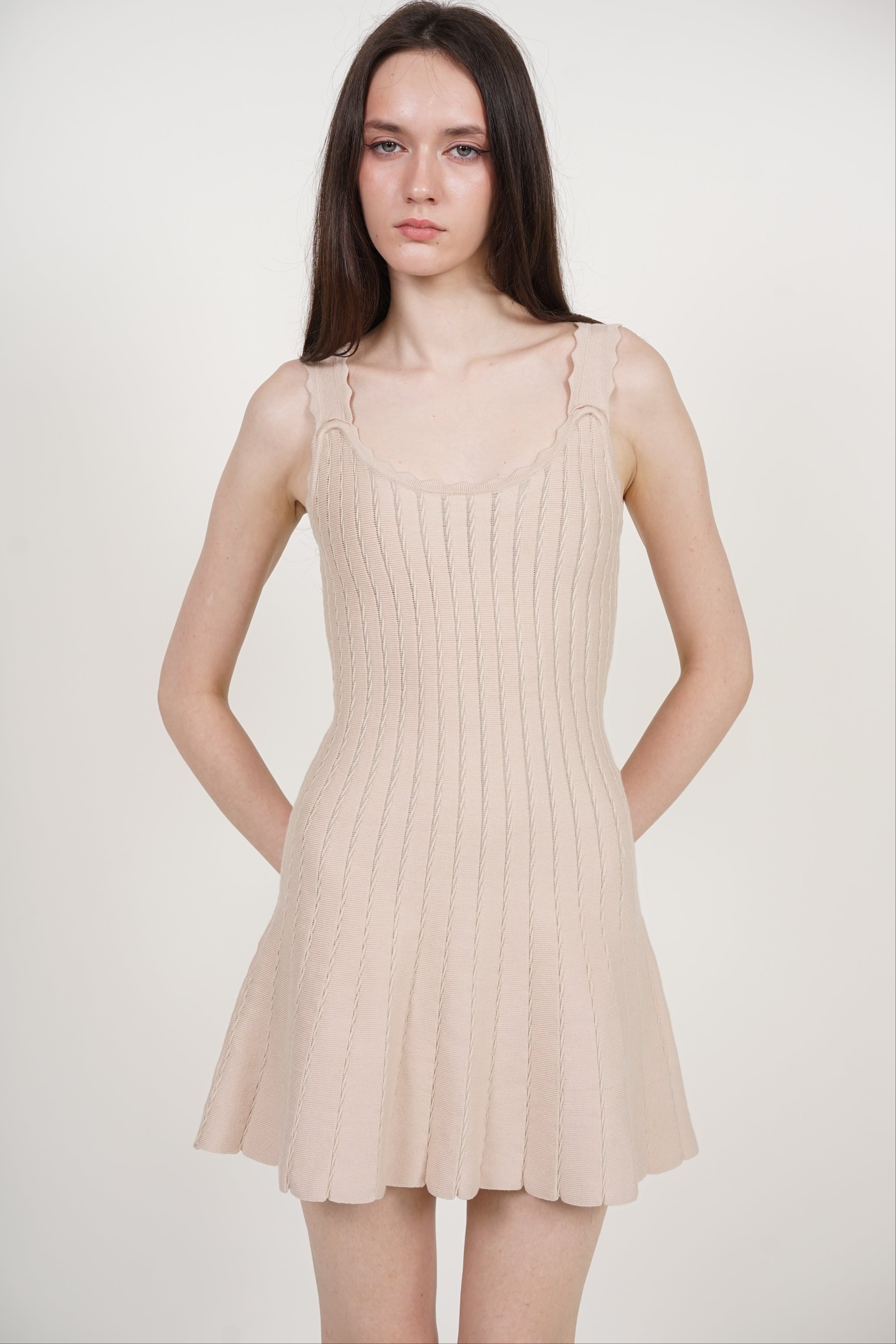 Knit Scallop Trim Flare Dress in Apricot