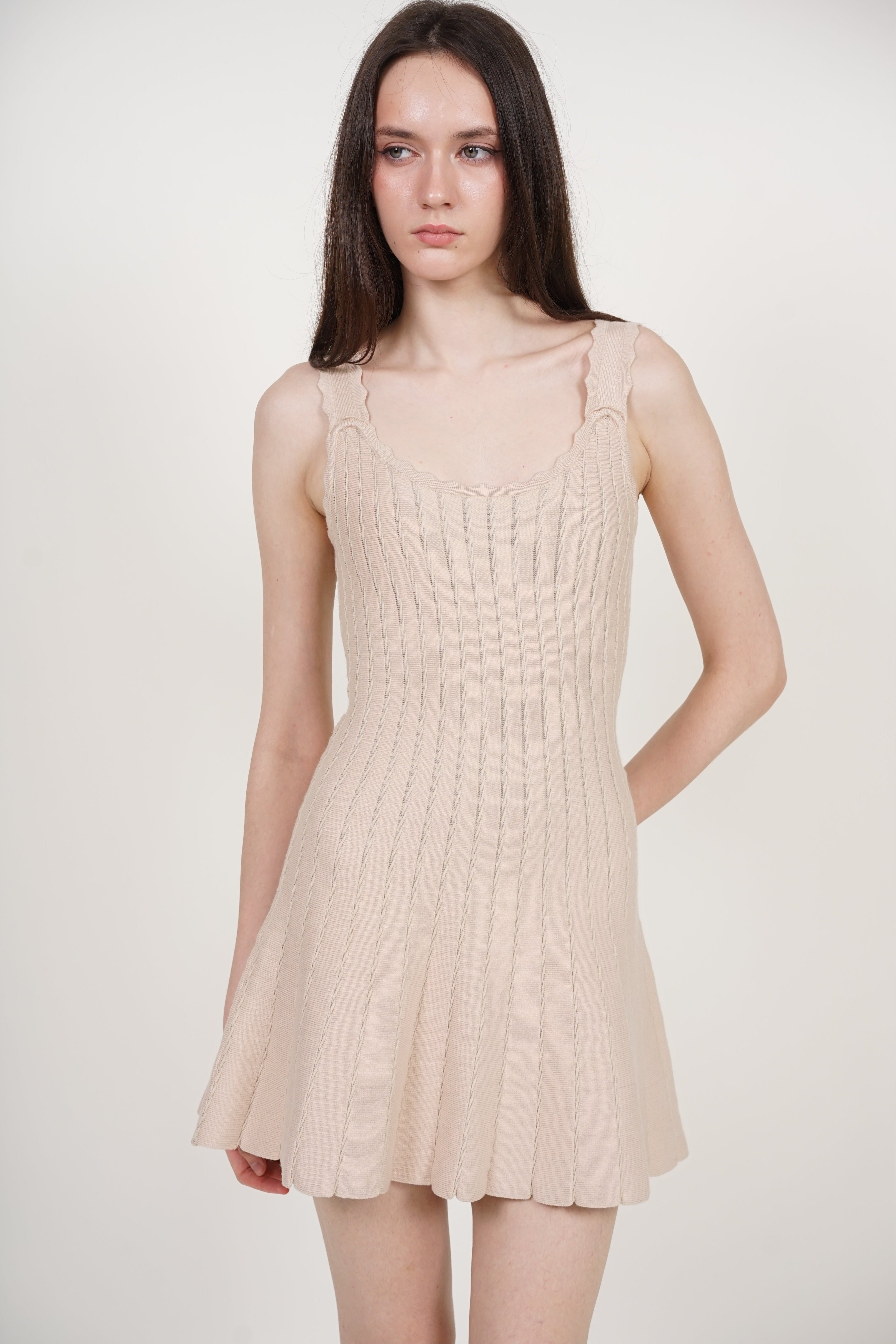 Knit Scallop Trim Flare Dress in Apricot