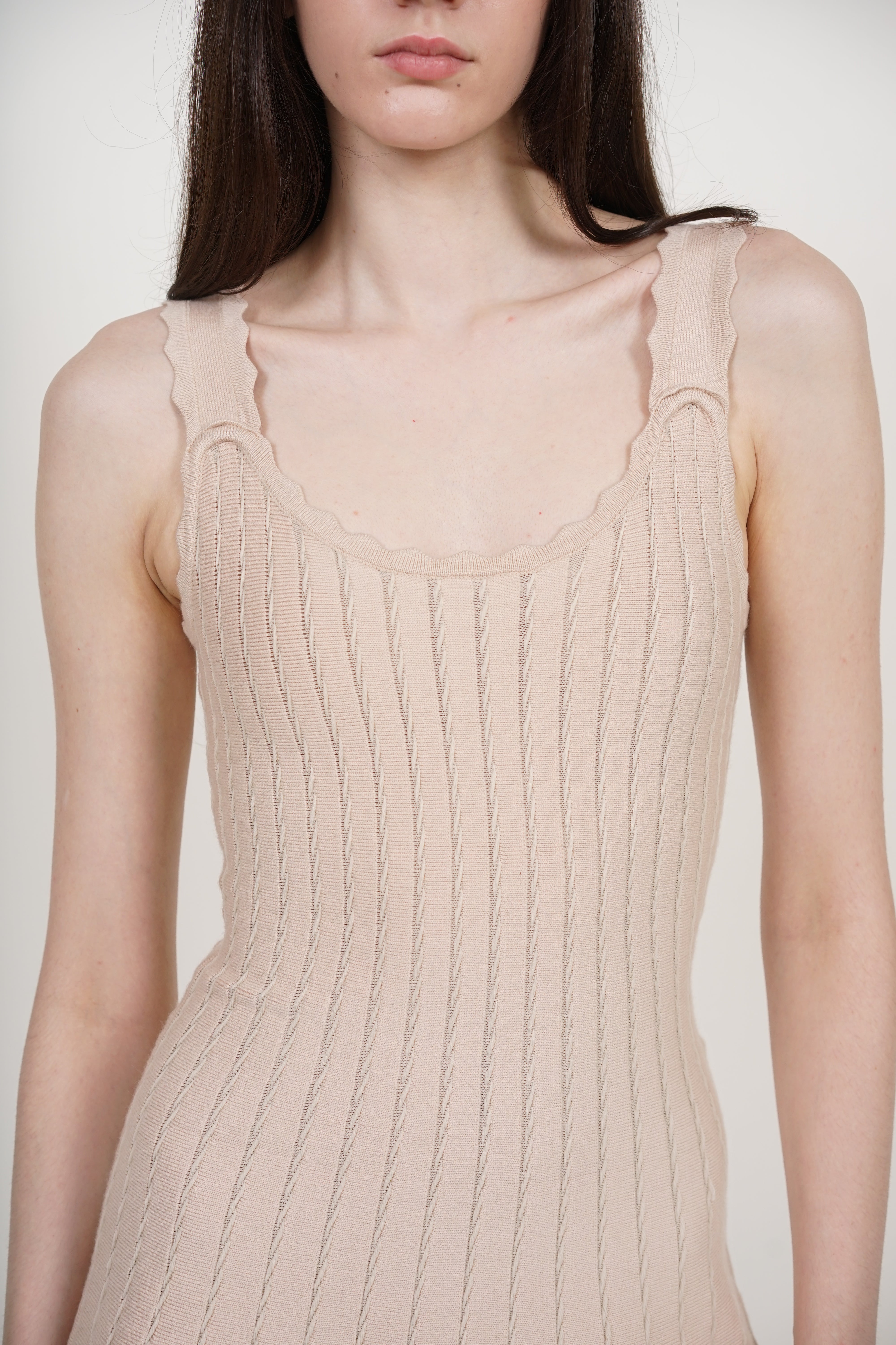 Knit Scallop Trim Flare Dress in Apricot