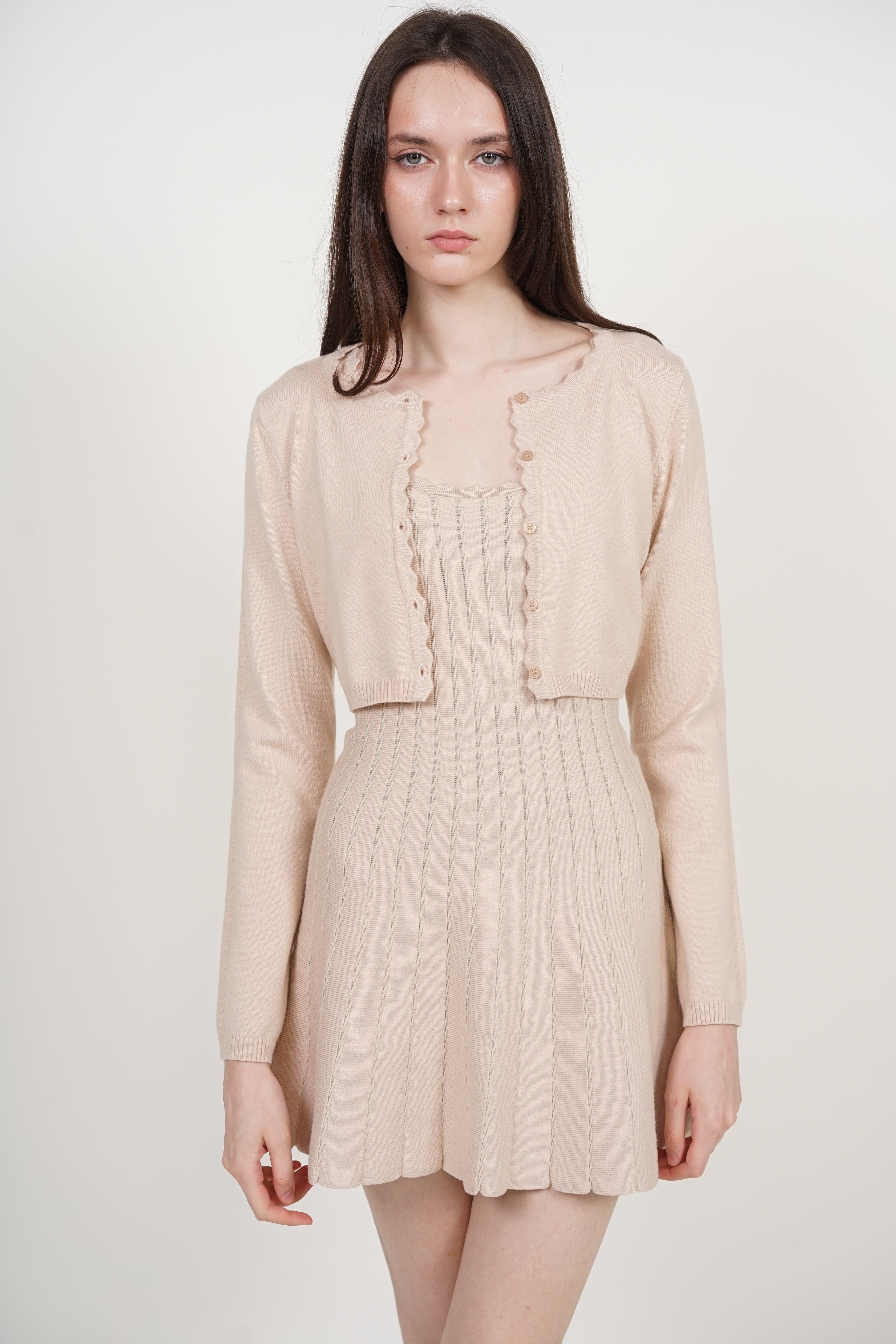 Knit Scallop Trim Cardigan in Apricot