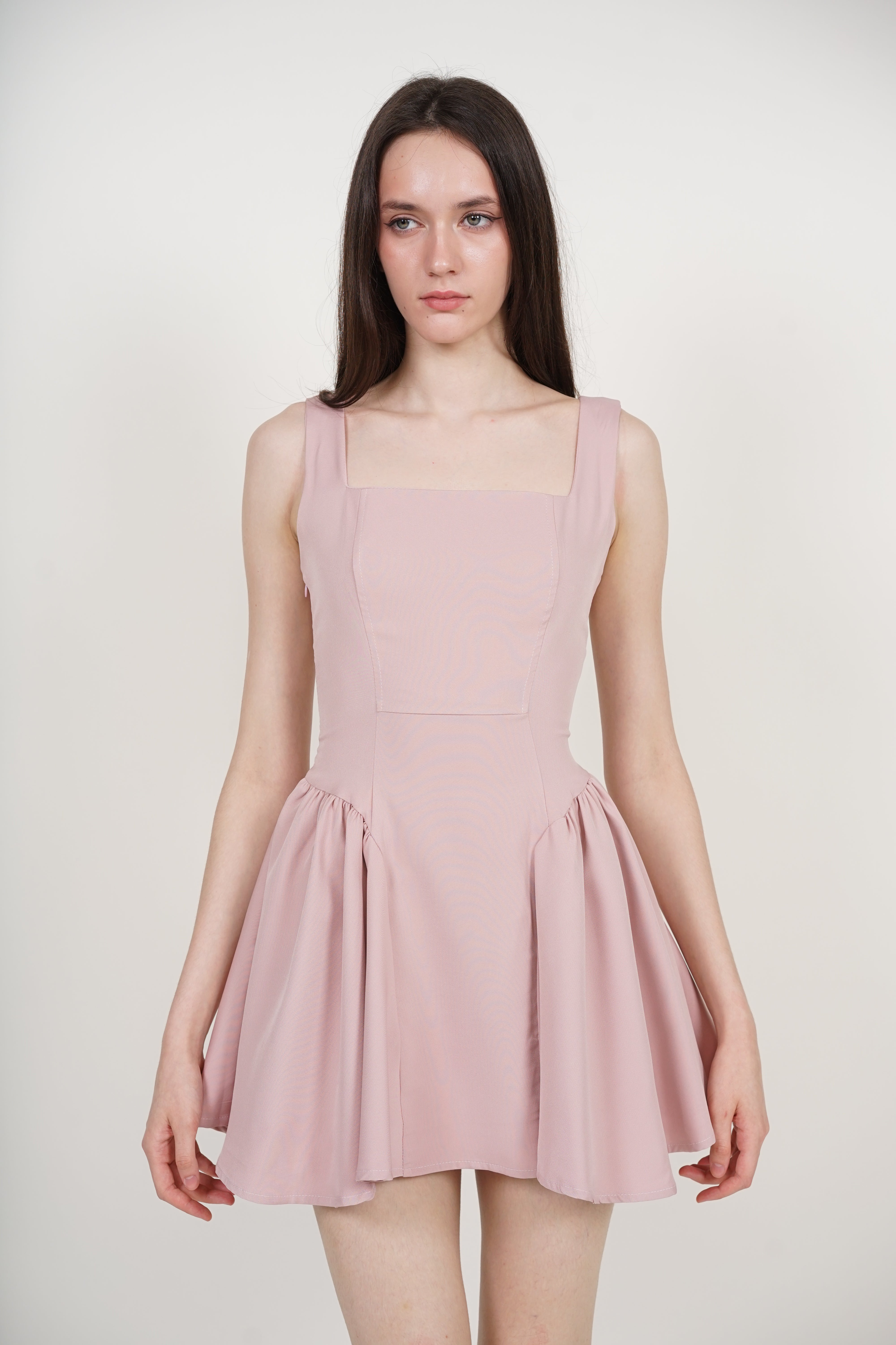 Tie Waist Back Gathered Dress in Dusty Pink
