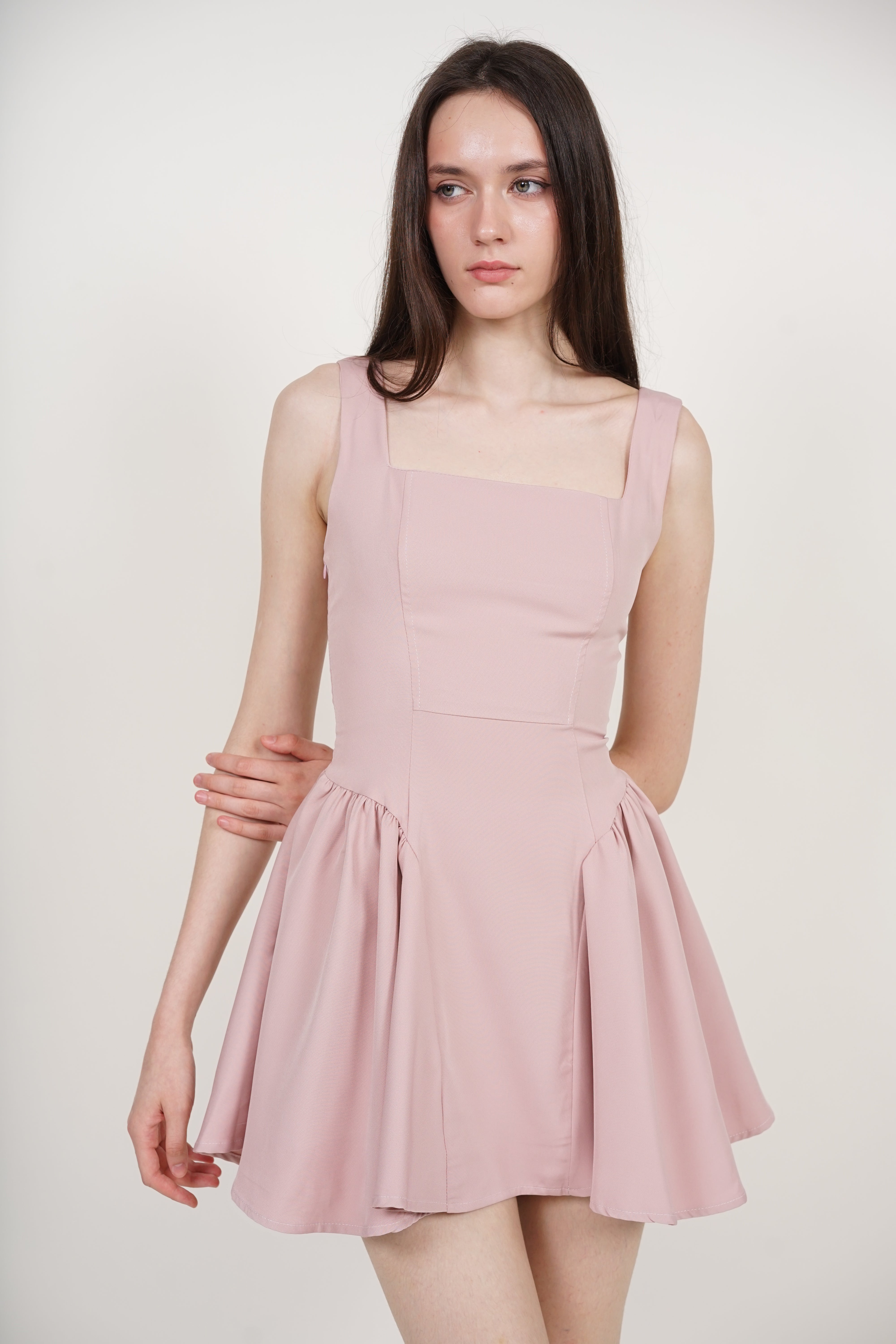 Tie Waist Back Gathered Dress in Dusty Pink