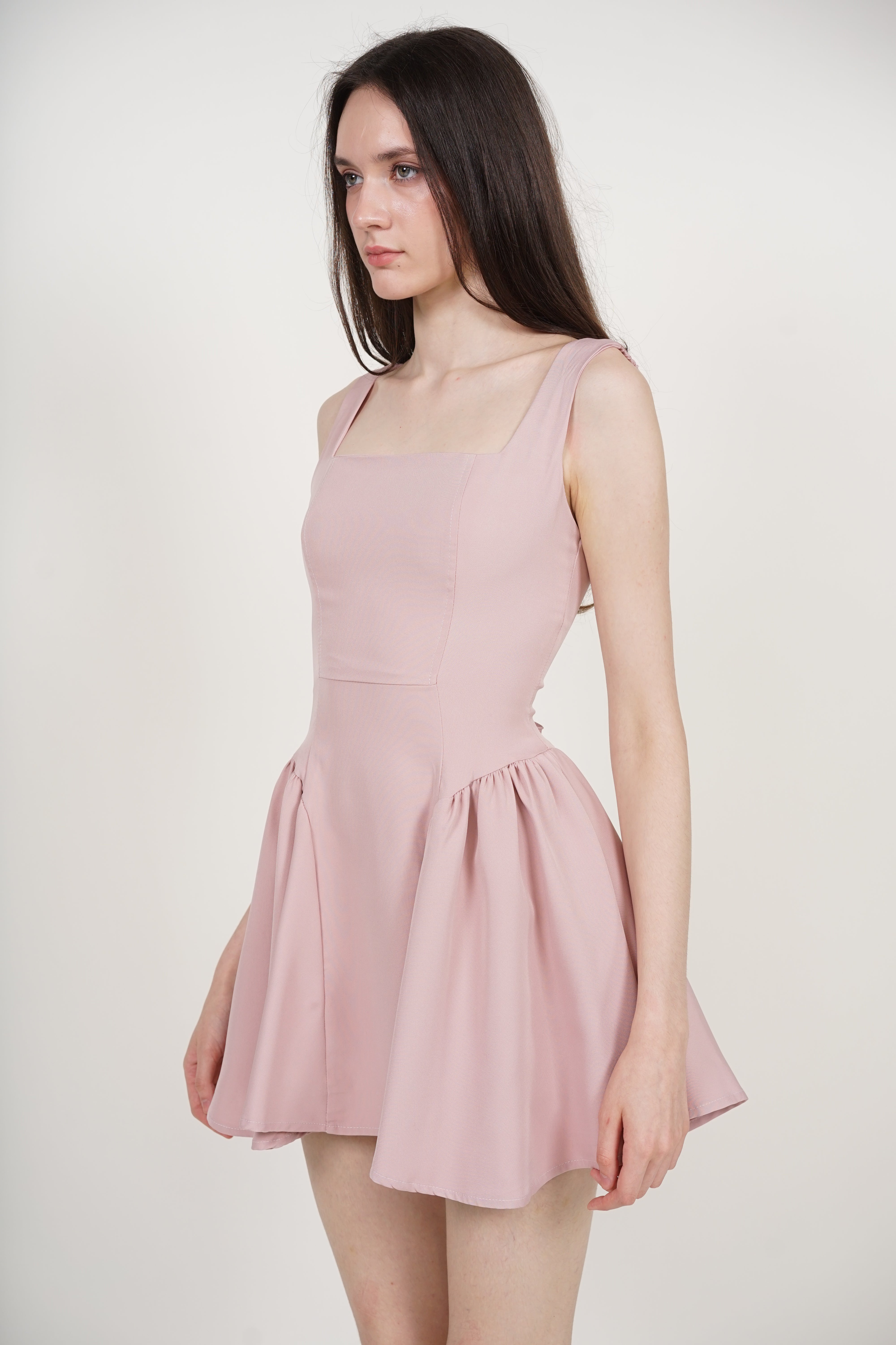 Tie Waist Back Gathered Dress in Dusty Pink