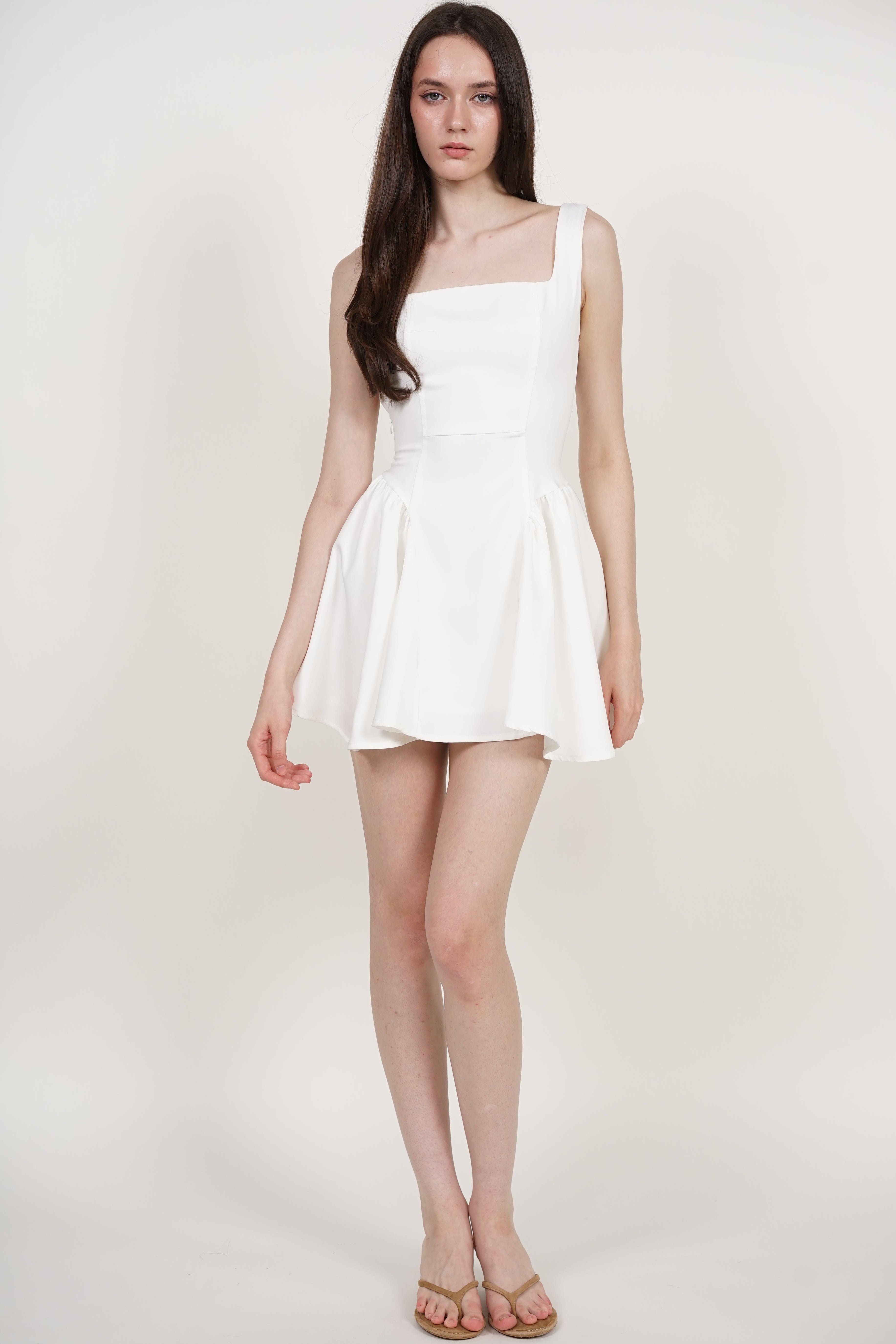 Tie Waist Back Gathered Dress in White