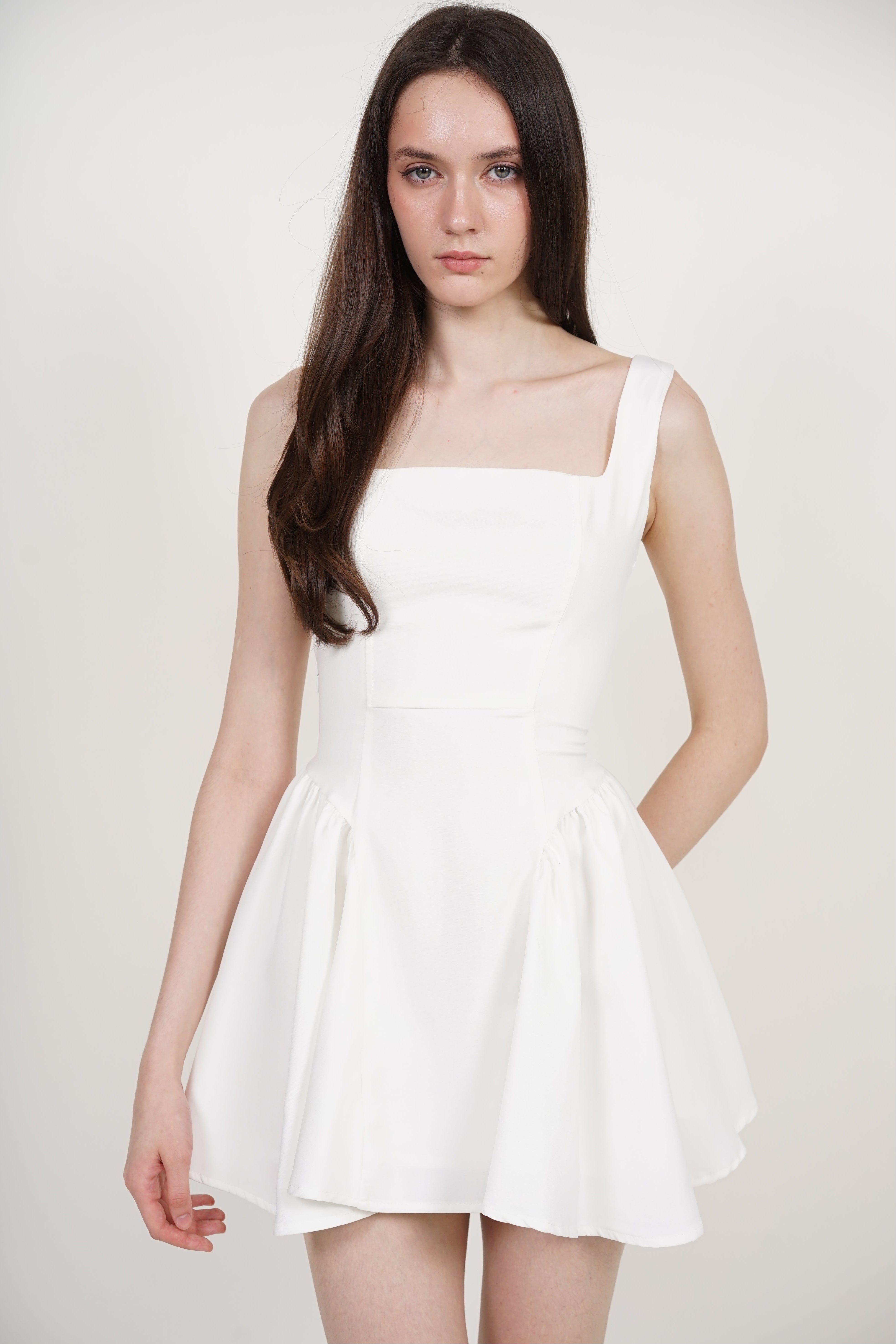 Tie Waist Back Gathered Dress in White