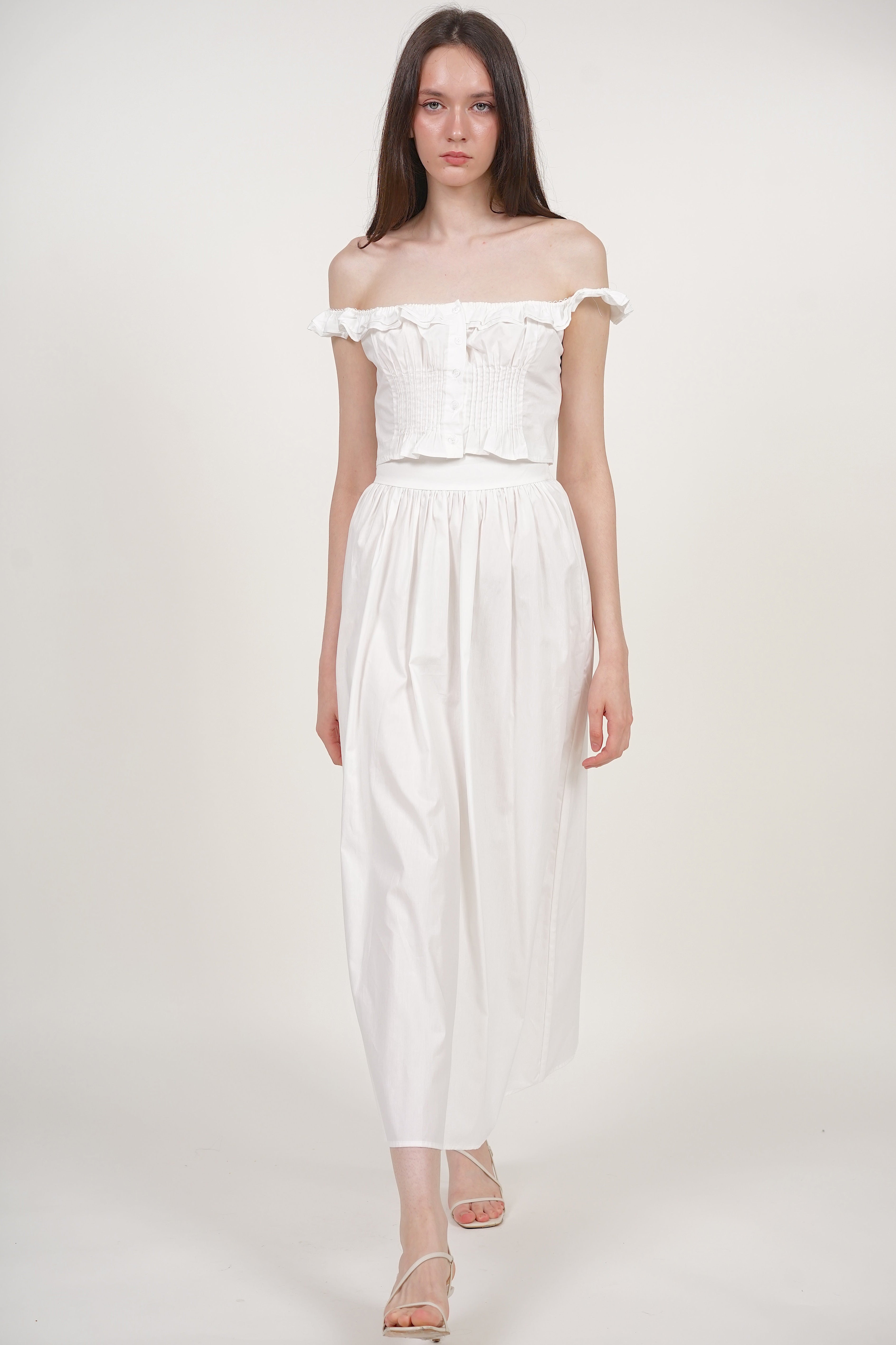 Gathered Flared Skirt in White