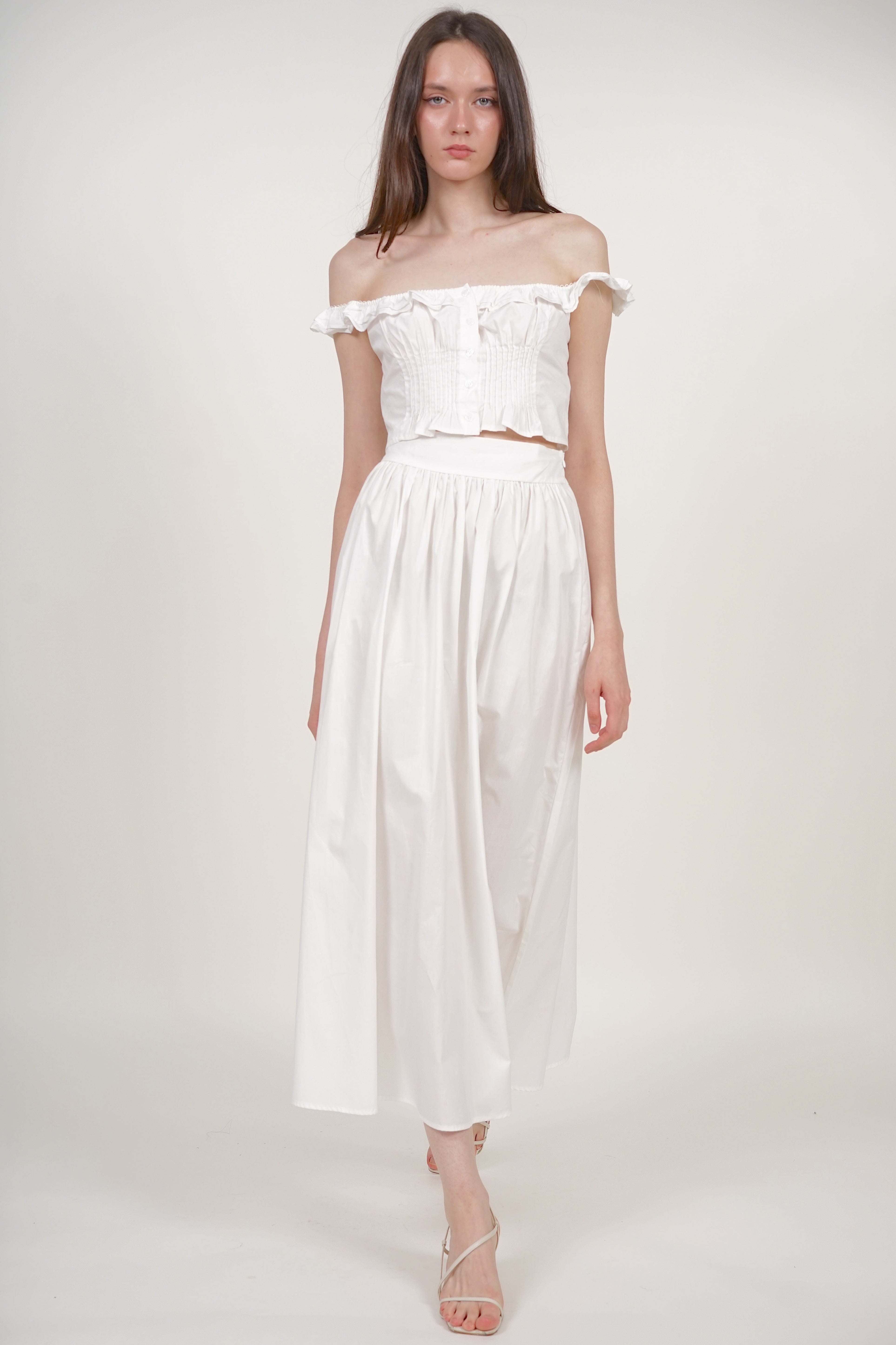 Gathered Flared Skirt in White