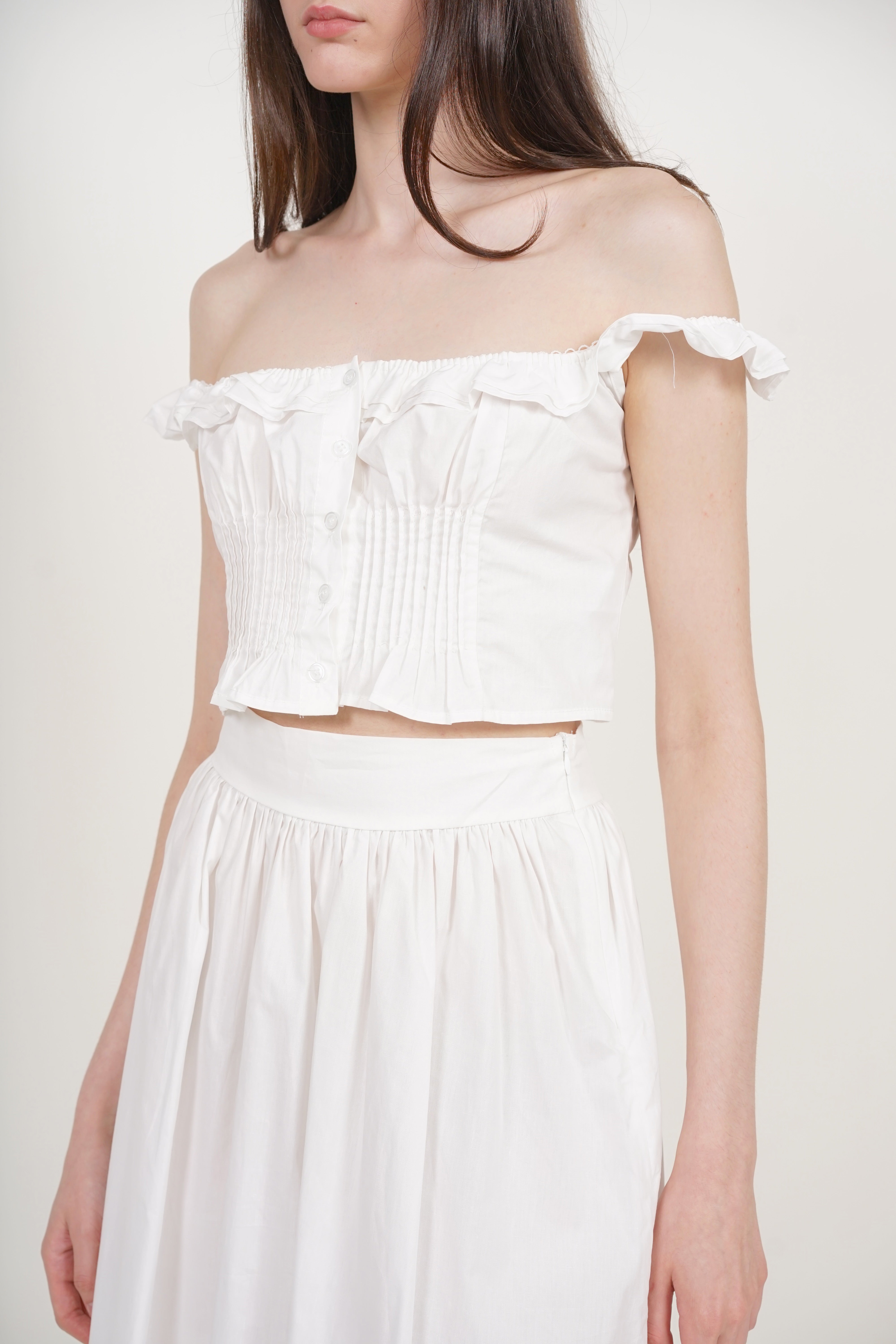 Ruffled Pintuck Strap Top in White