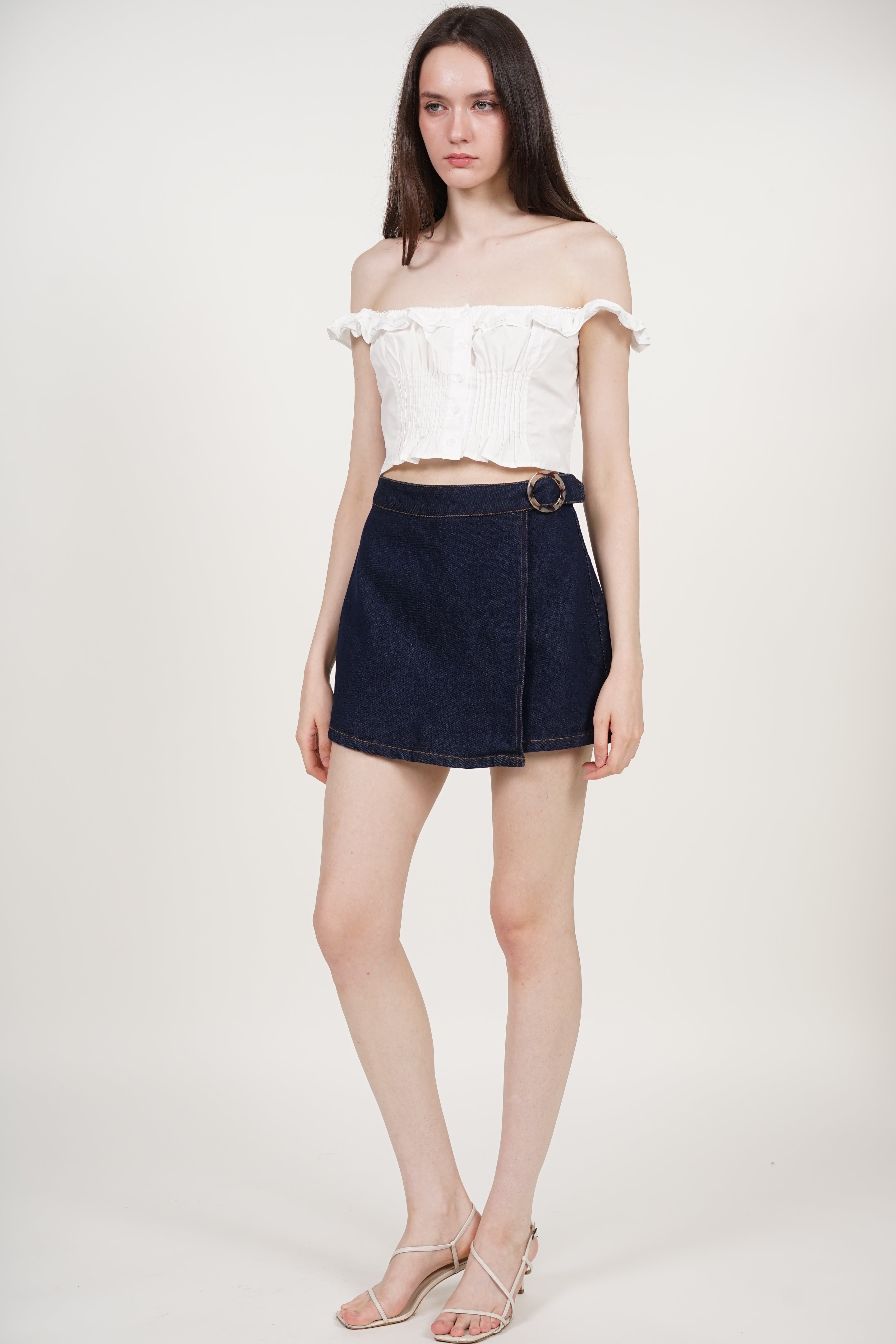 Wrap Denim Buckle Skorts in Dark Blue
