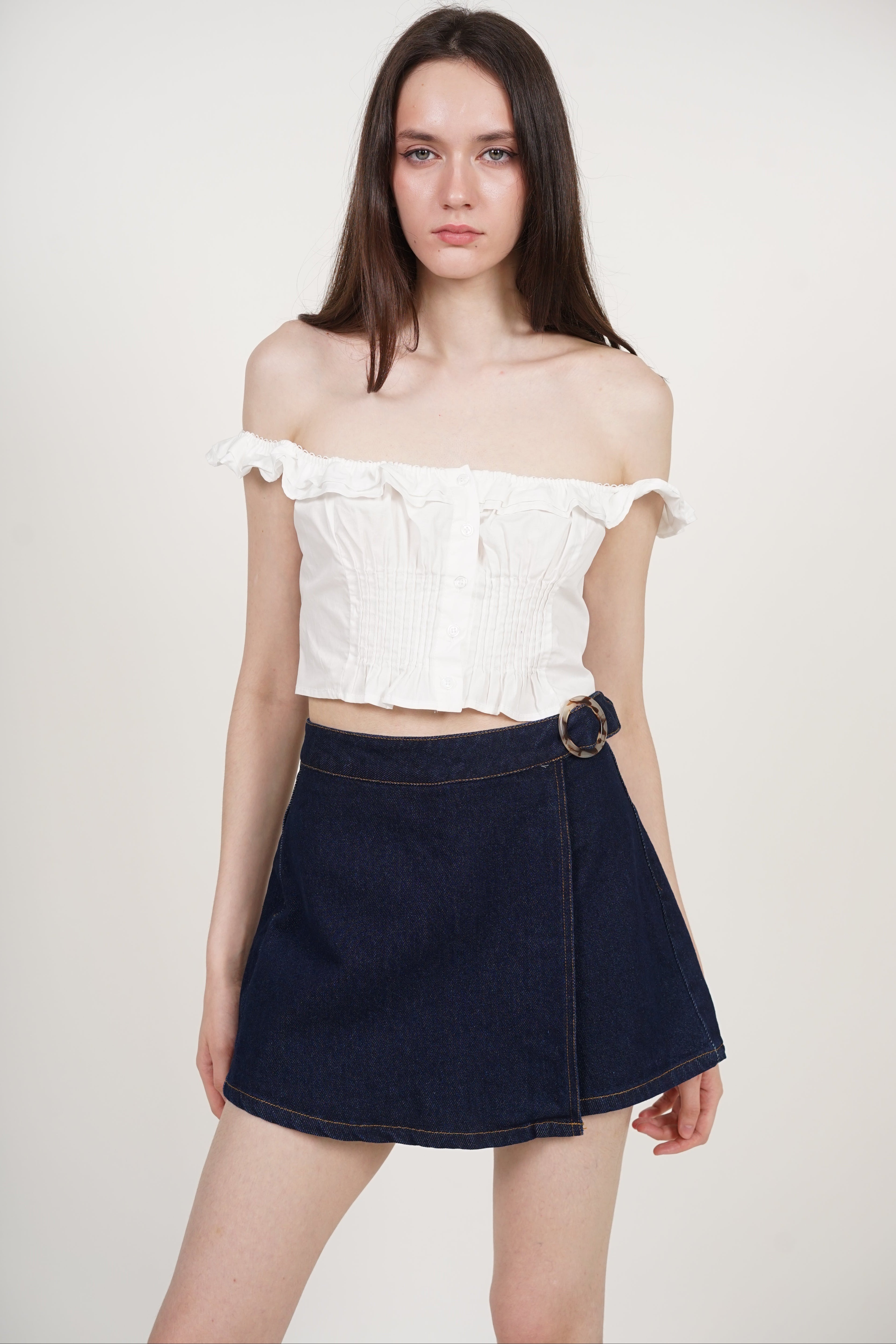 Wrap Denim Buckle Skorts in Dark Blue