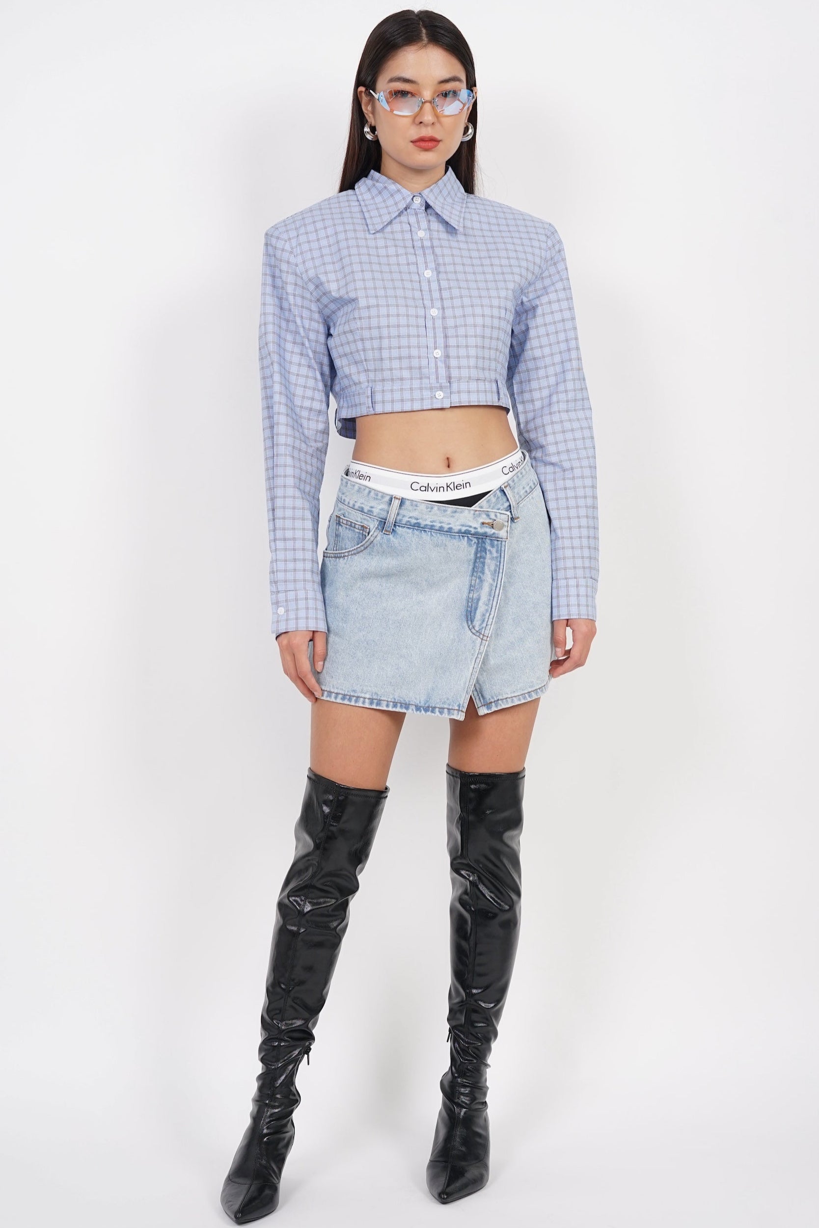 Long Sleeve Crop Button Top in Light Blue Checks