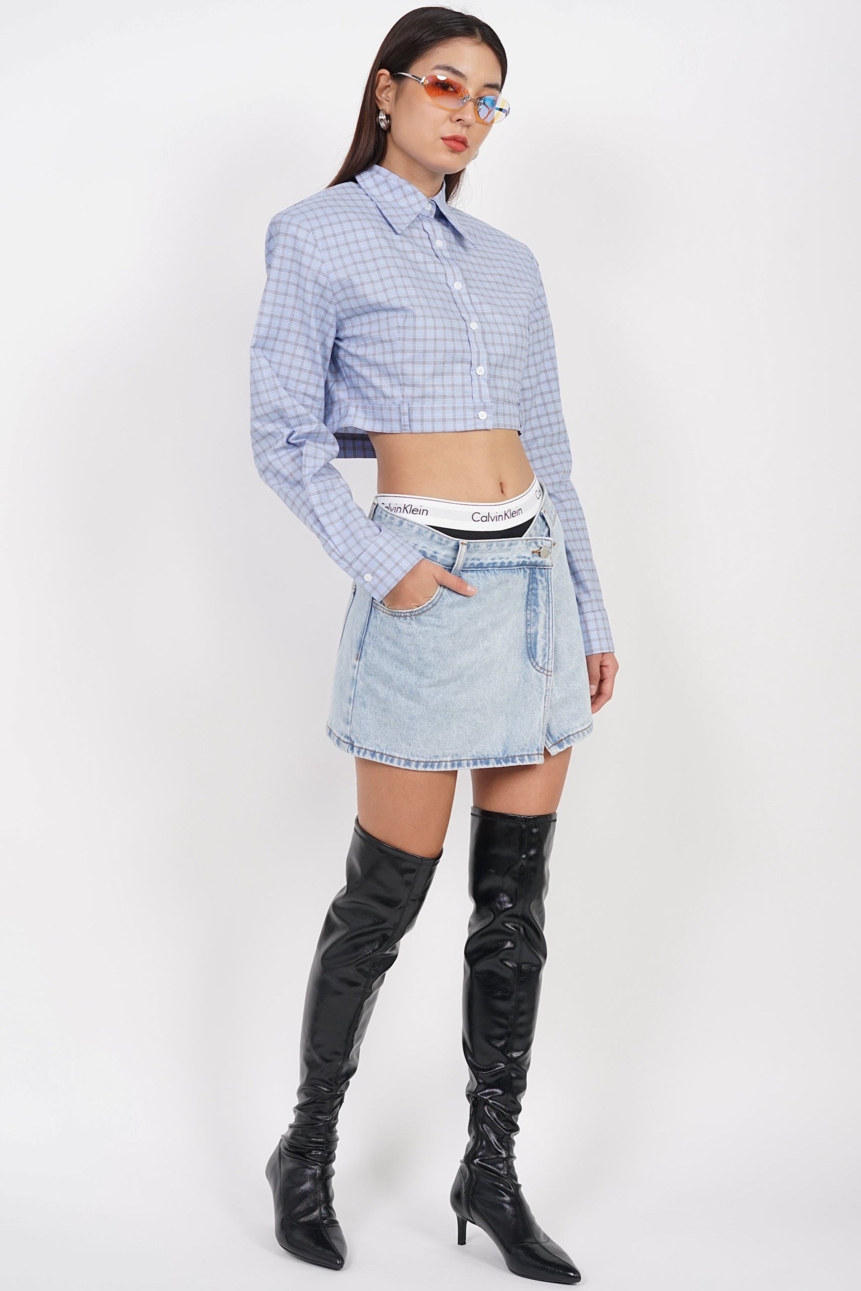 Long Sleeve Crop Button Top in Light Blue Checks