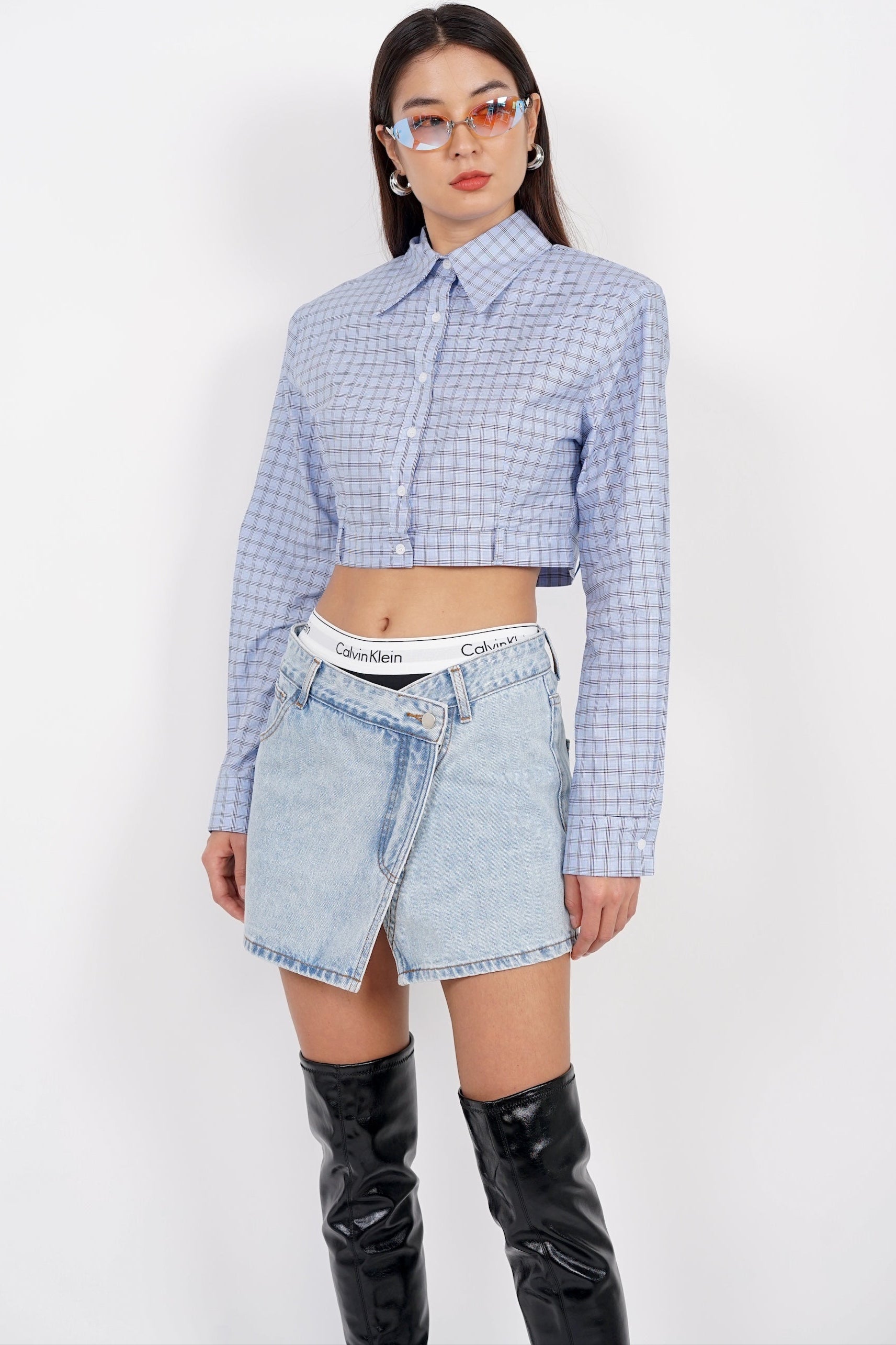 Long Sleeve Crop Button Top in Light Blue Checks