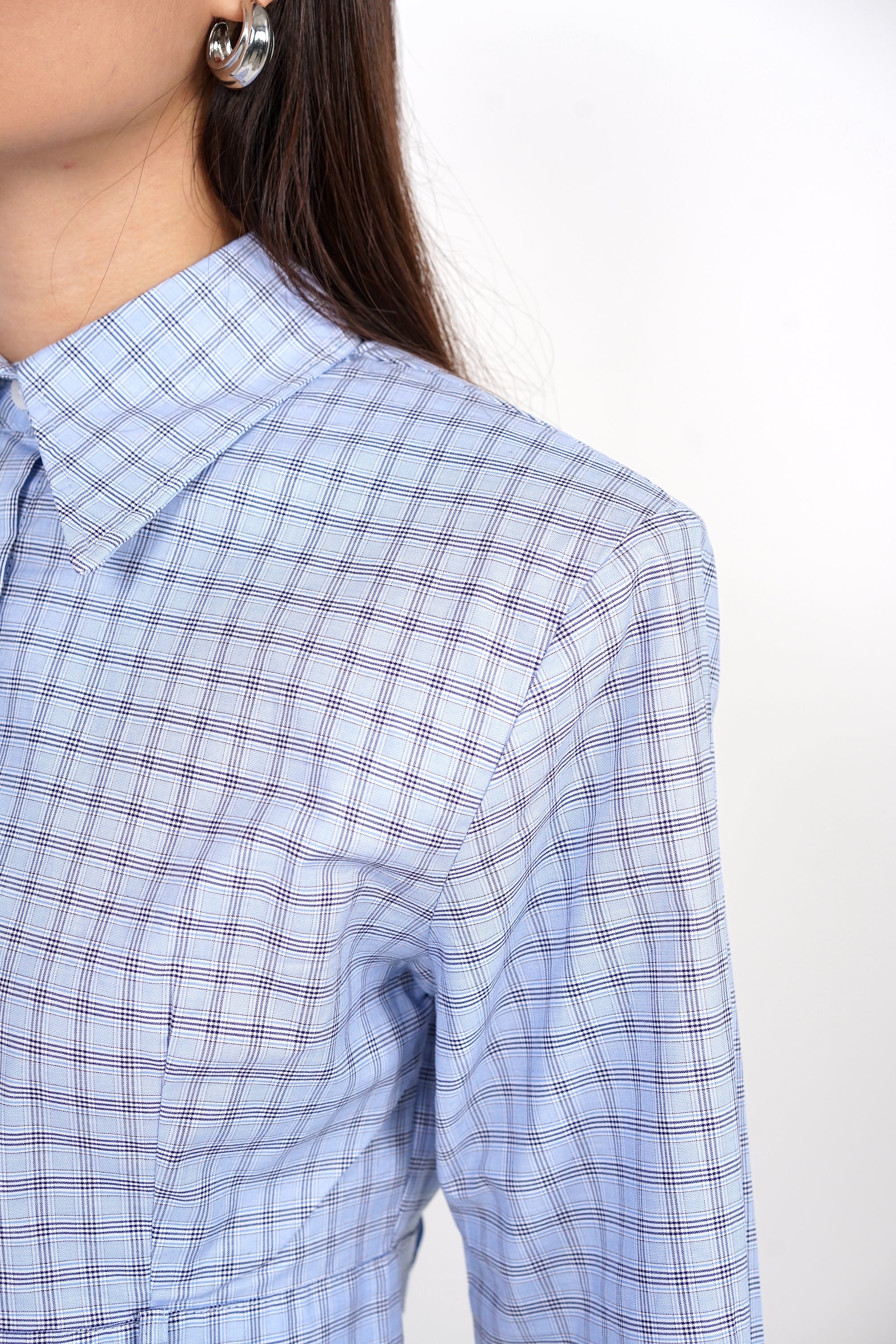 Long Sleeve Crop Button Top in Light Blue Checks