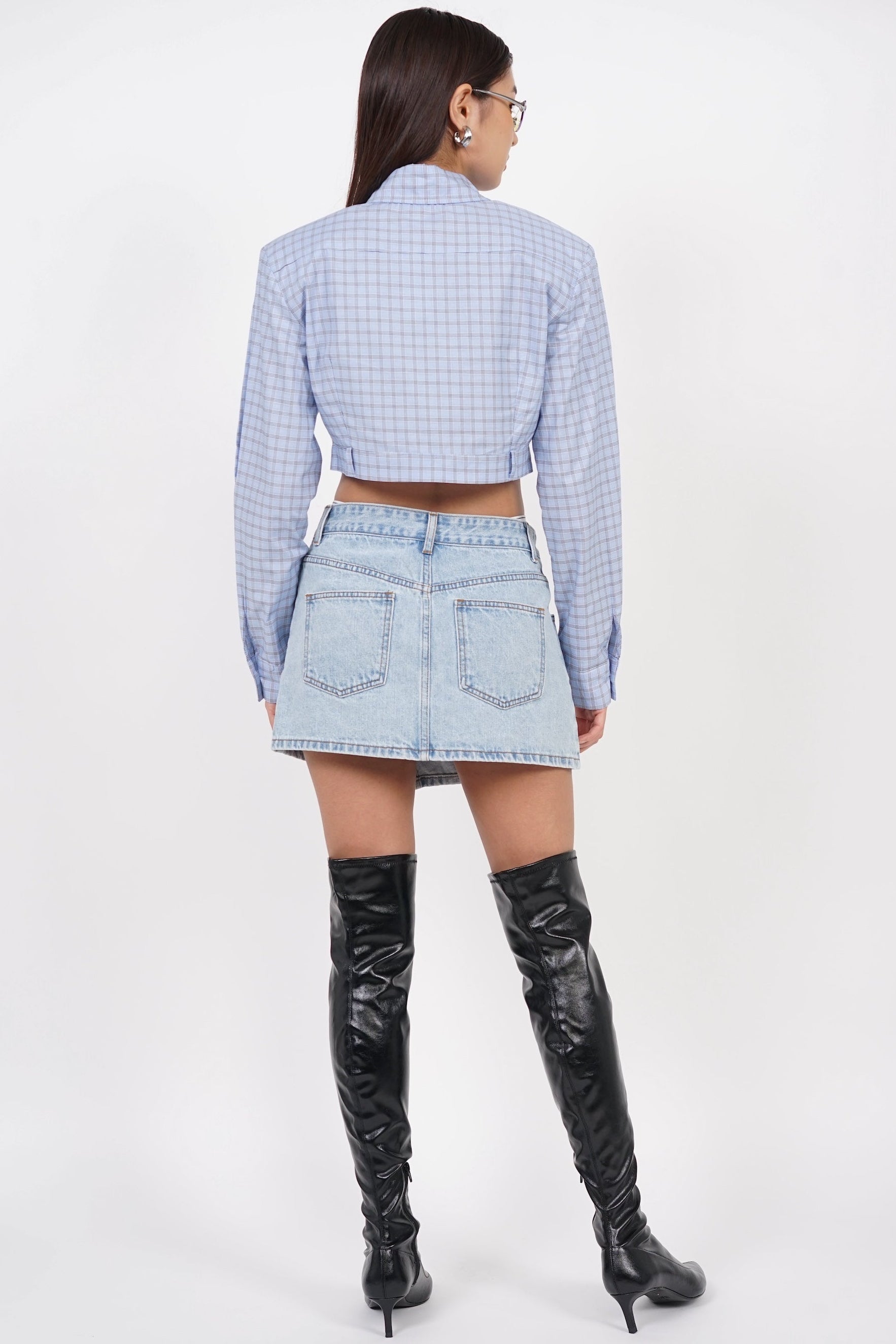 Long Sleeve Crop Button Top in Light Blue Checks