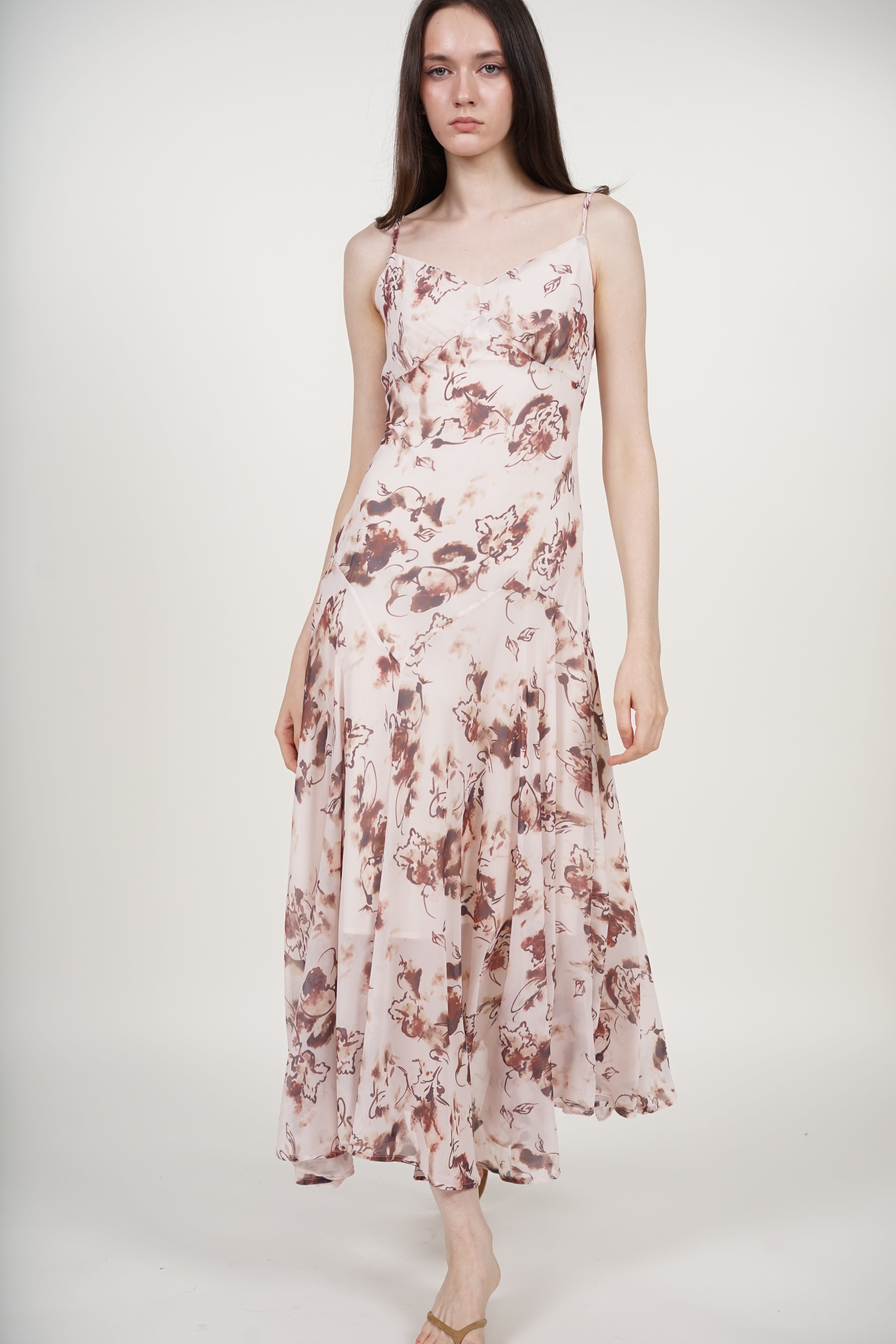 Cami Flare Maxi Dress in Nude Brown Floral