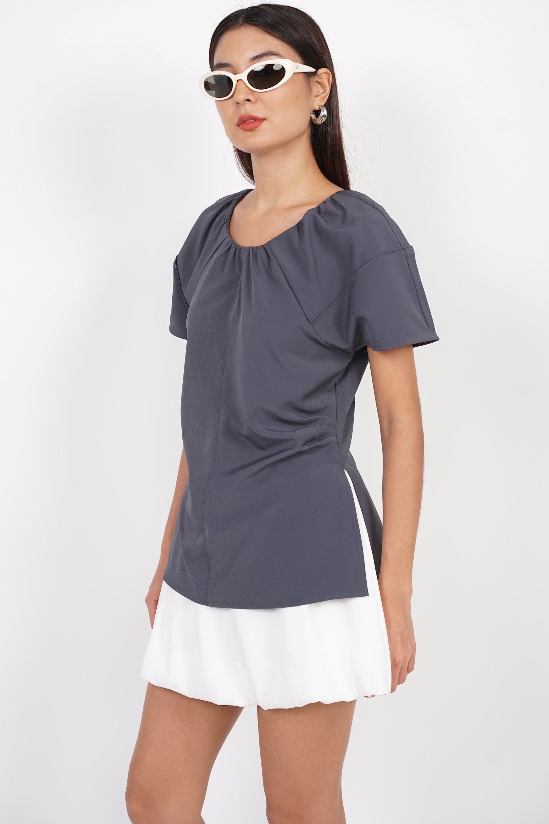 Gathered Scoop Neck Top in Grey