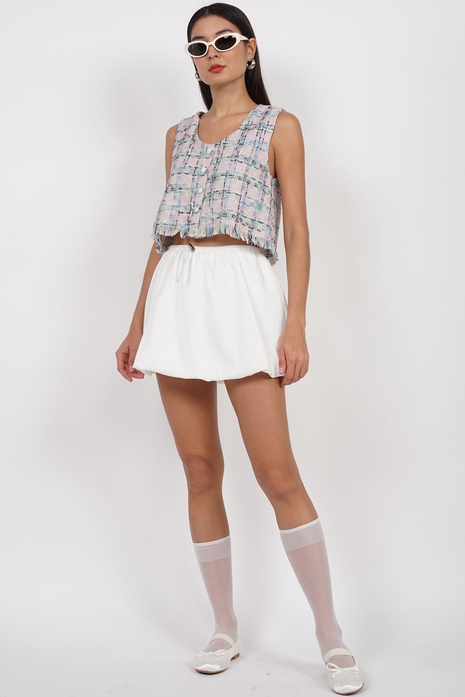 Sleeveless Tweed Fray Hem Top in Pink