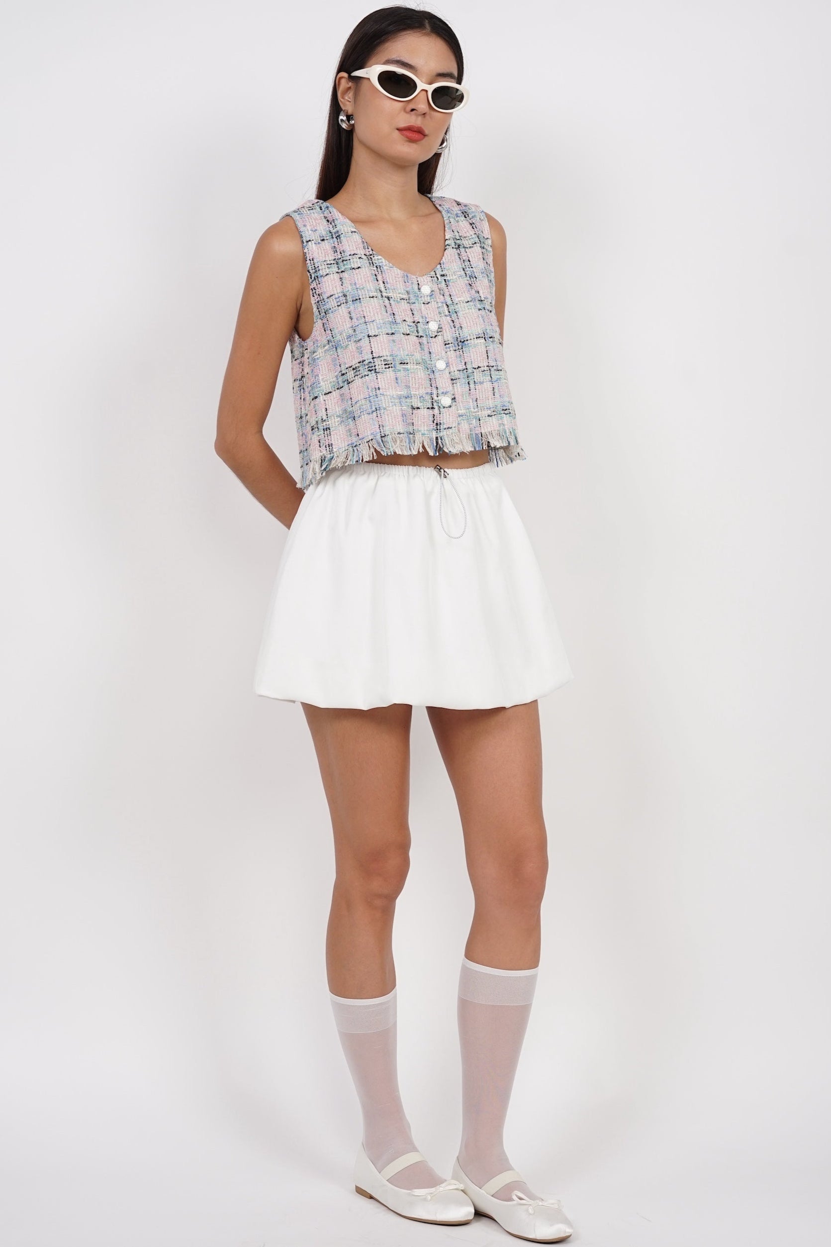 Sleeveless Tweed Fray Hem Top in Pink