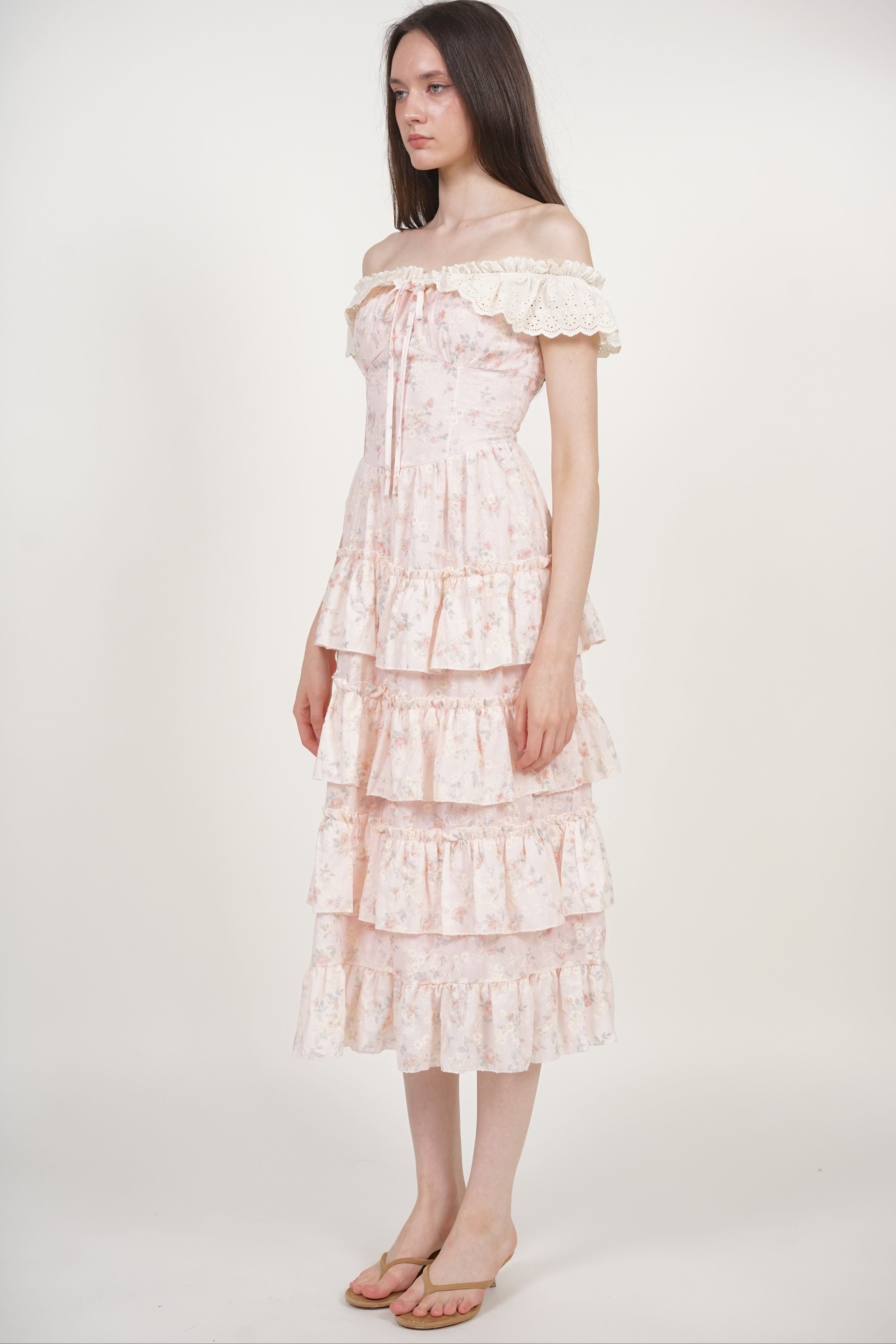 Tiered Maxi Floral Embroidery Dress in Pink