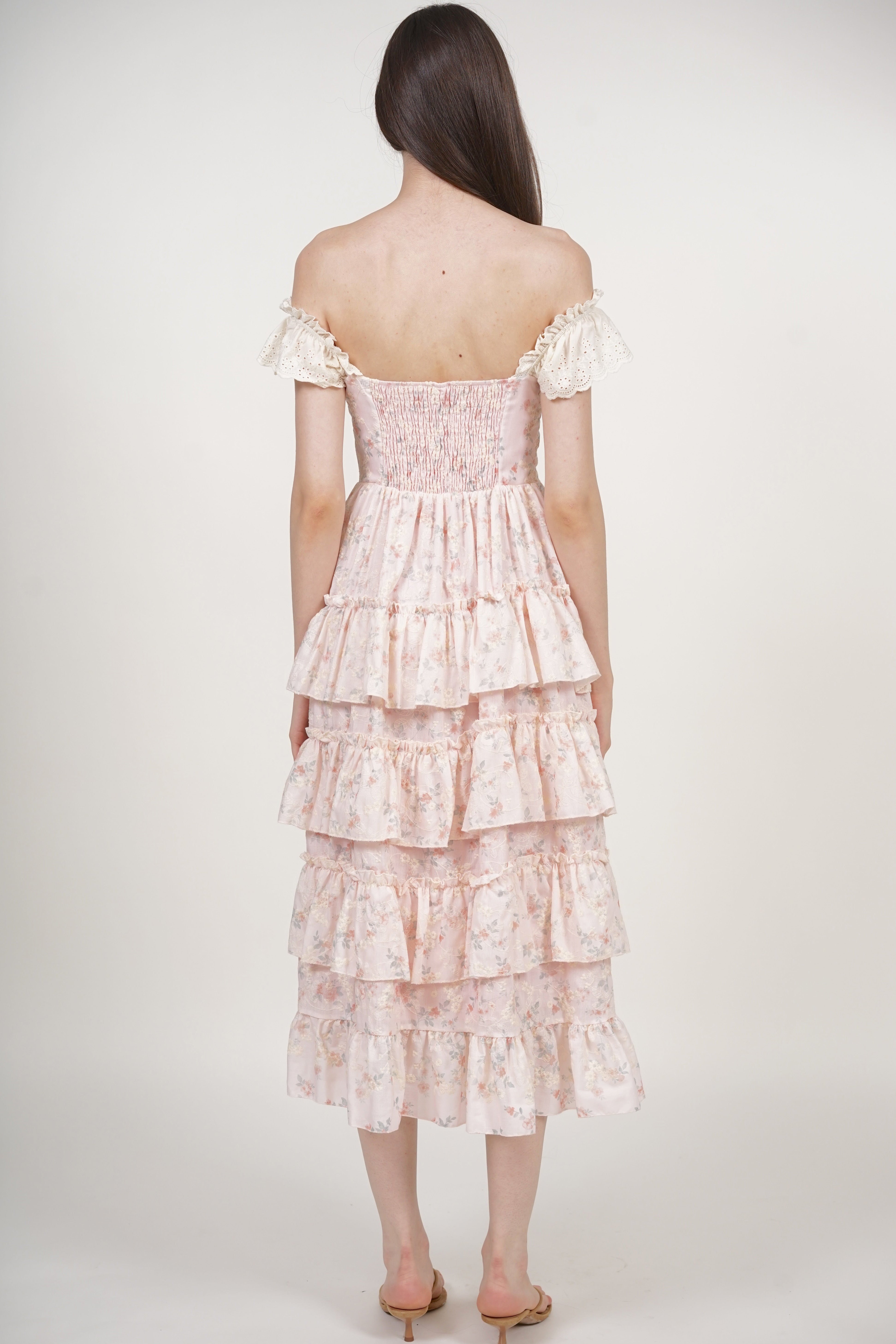 Tiered Maxi Floral Embroidery Dress in Pink